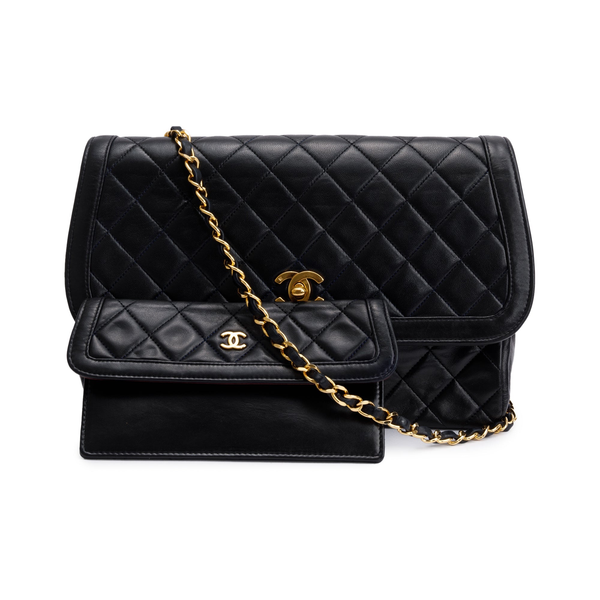 Chanel Black Lambskin Leather Integral Flap Bag with Pouch w/ Authenticity Card
