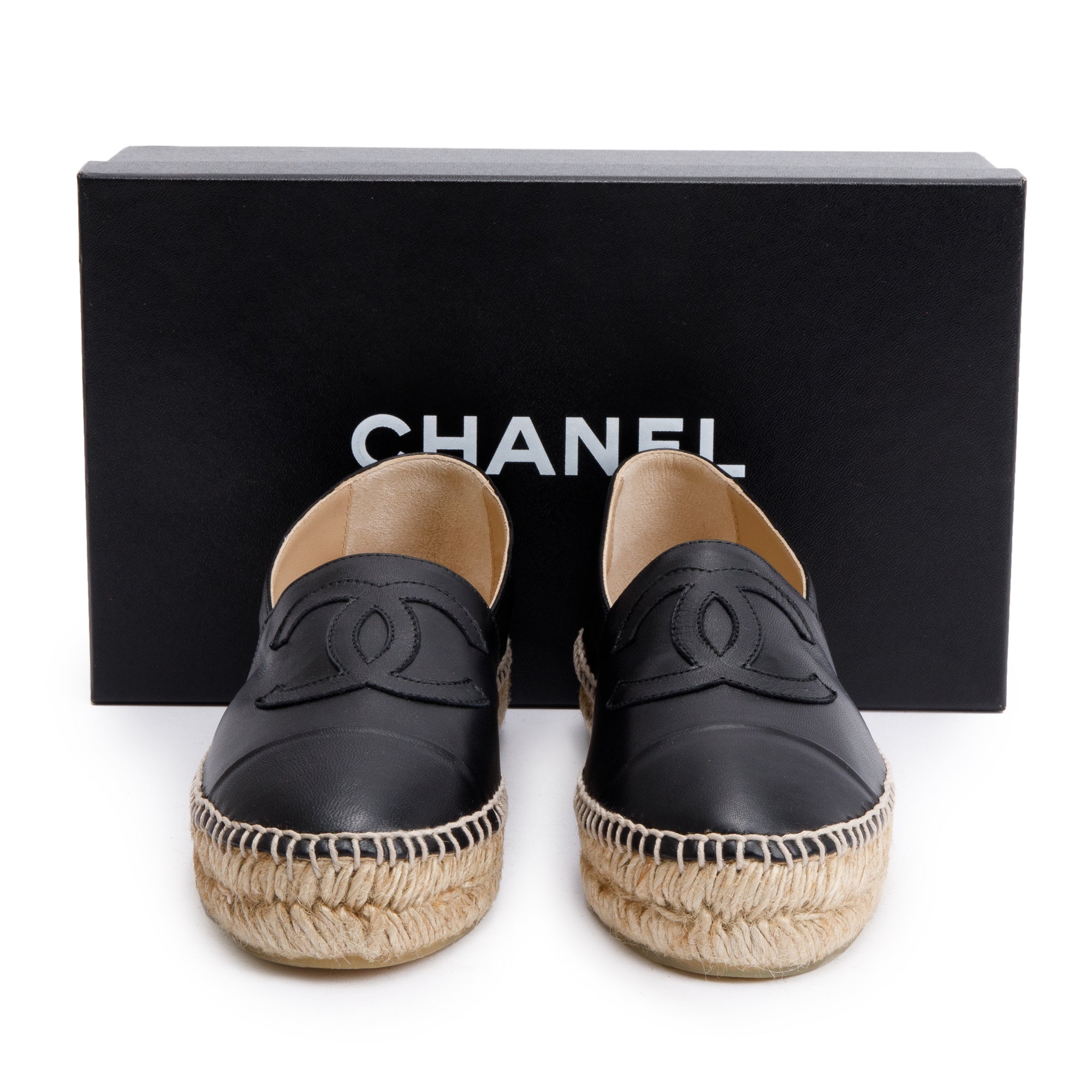 Chanel Black Lambskin Leather Interlocking CC Logo Espadrilles, Size 36 w/ Box