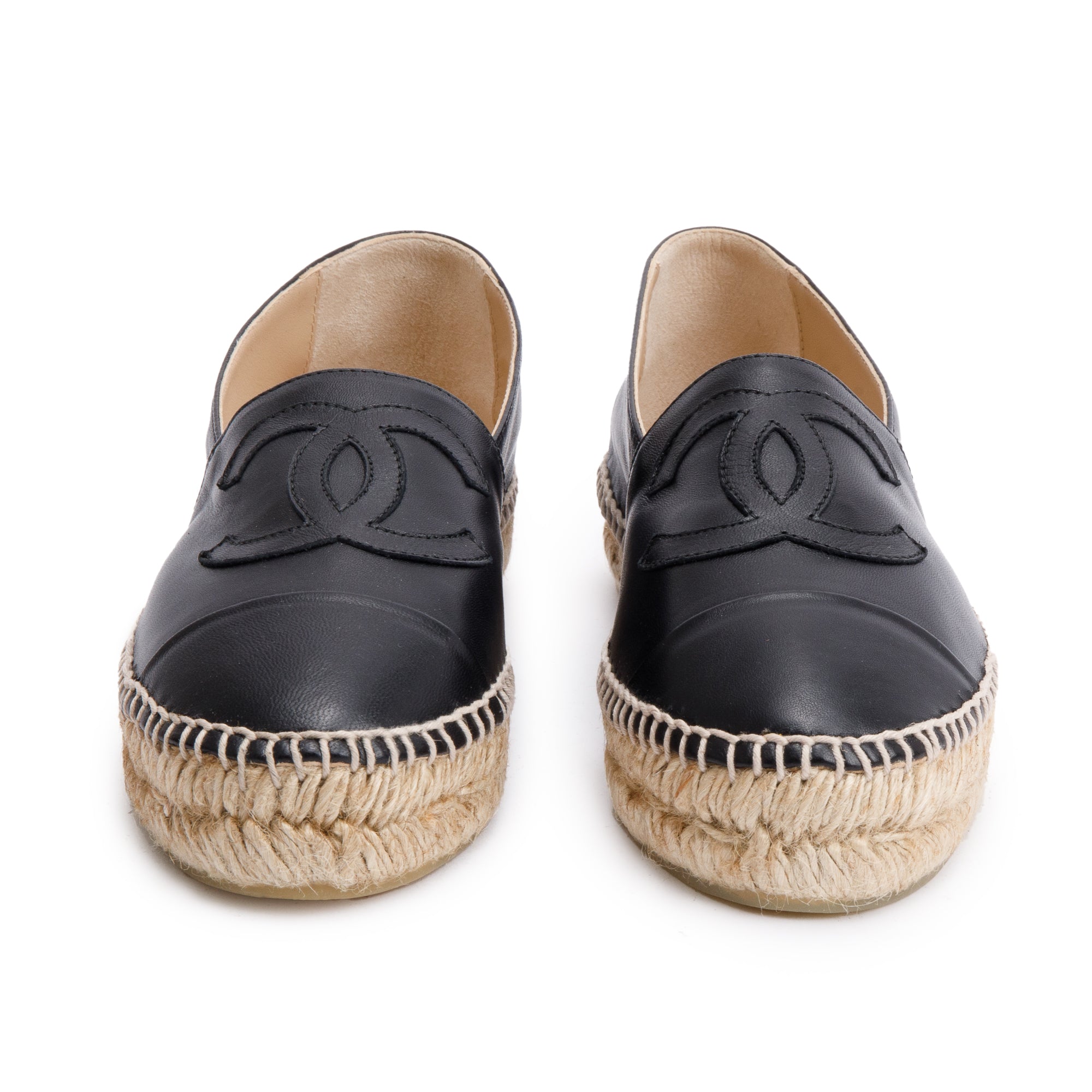 Chanel Black Lambskin Leather Interlocking CC Logo Espadrilles, Size 36 w/ Box