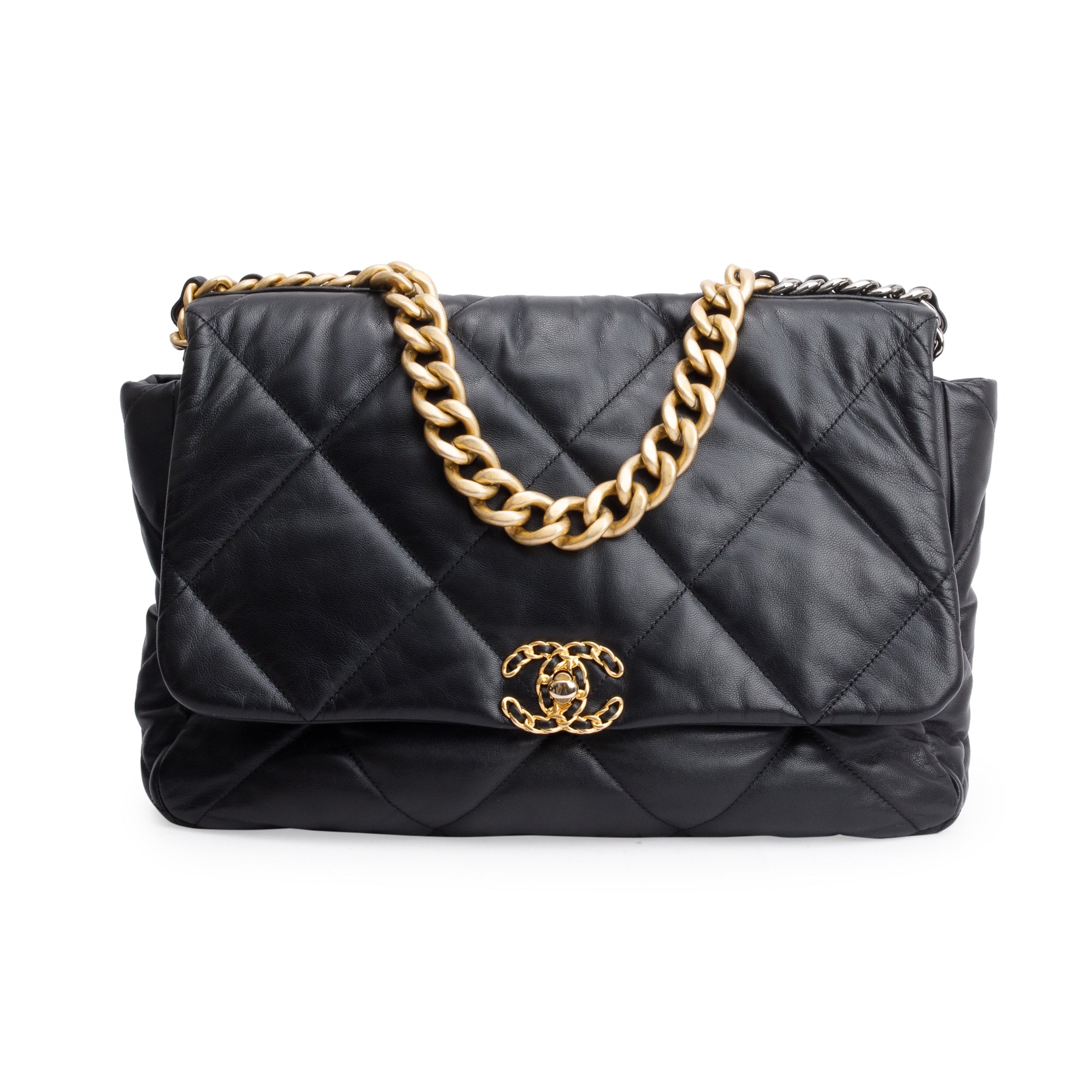 Chanel Black Lambskin Leather Maxi 19 Flap Bag w/ Authenticity Card