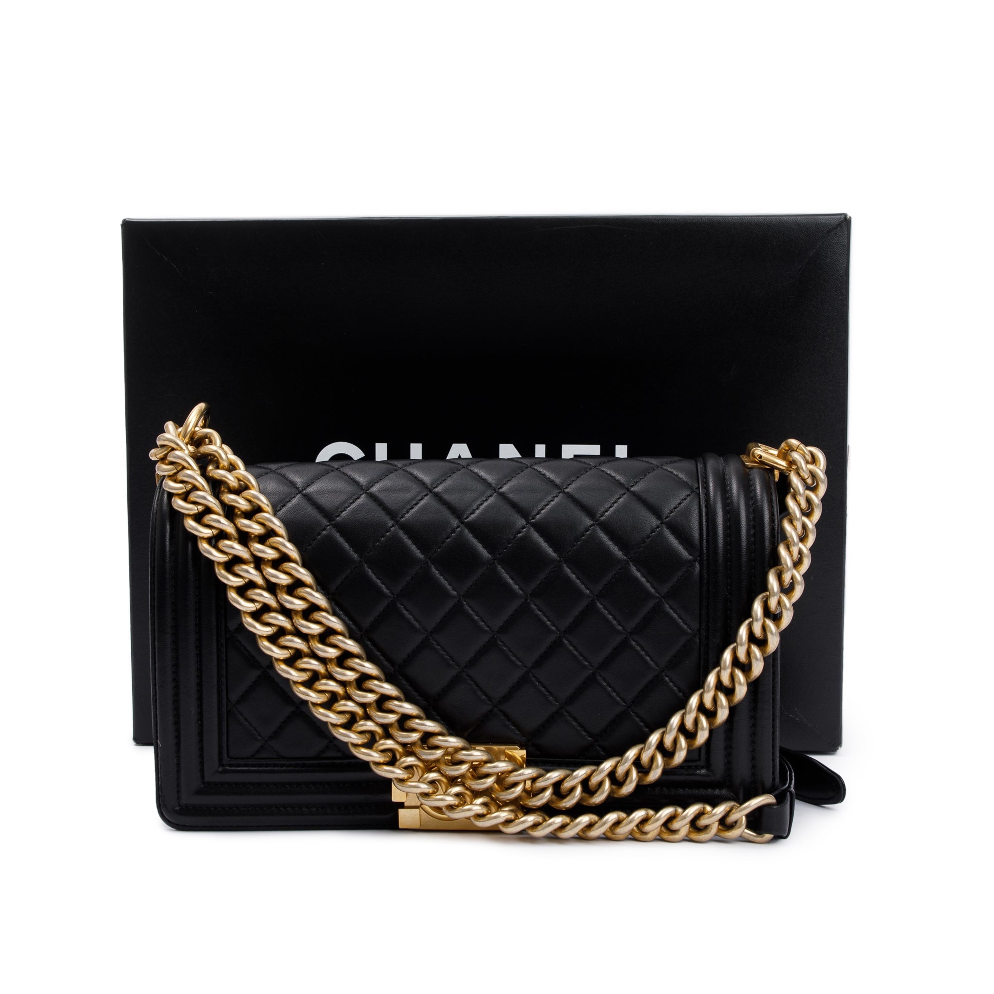 Chanel Black Lambskin Leather Medium Boy Bag w/ Box & Authenticity Card