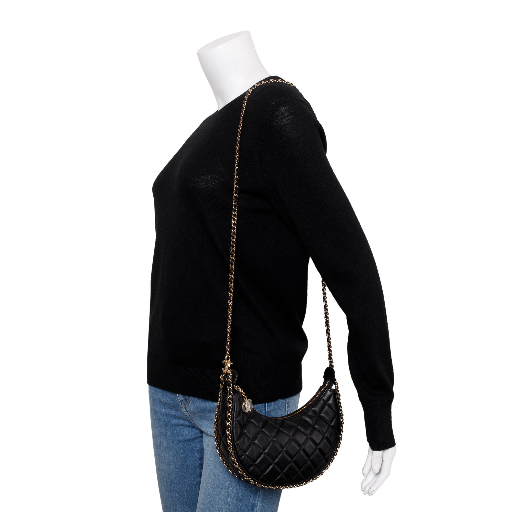 Chanel Black Lambskin Leather Small Chain Around Hobo Bag w/ Box