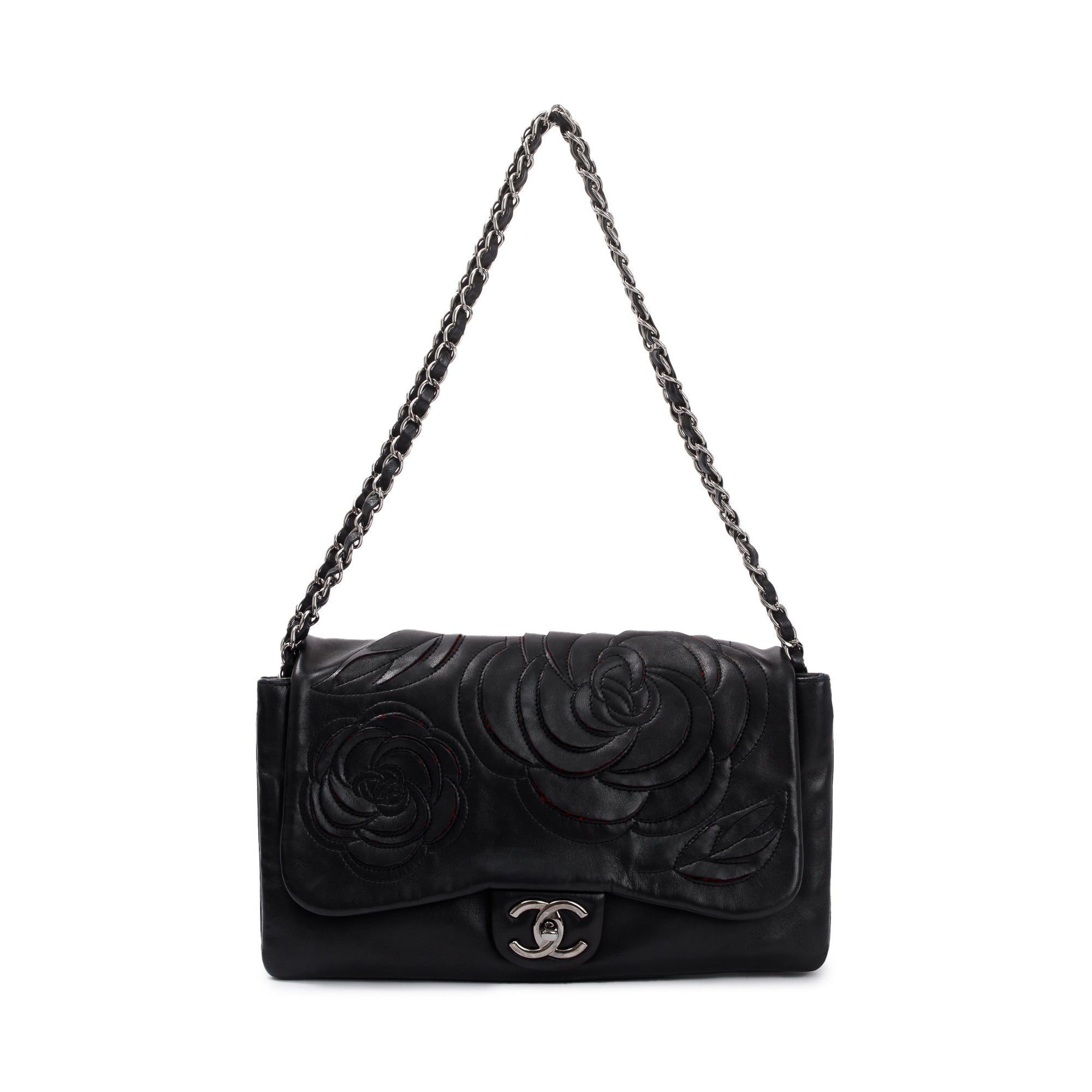 Chanel Black Lambskin Leather Tweed Camellia Petals Flap Bag