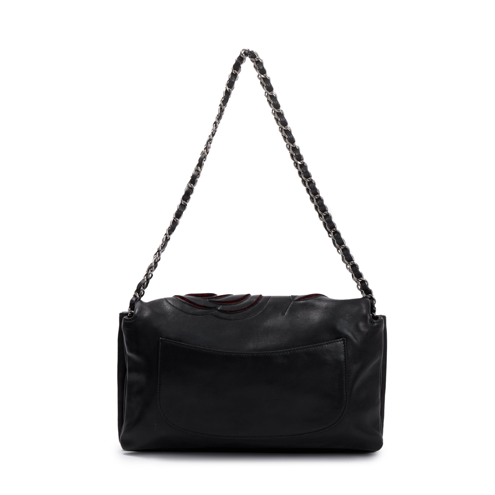 Chanel Black Lambskin Leather Tweed Camellia Petals Flap Bag