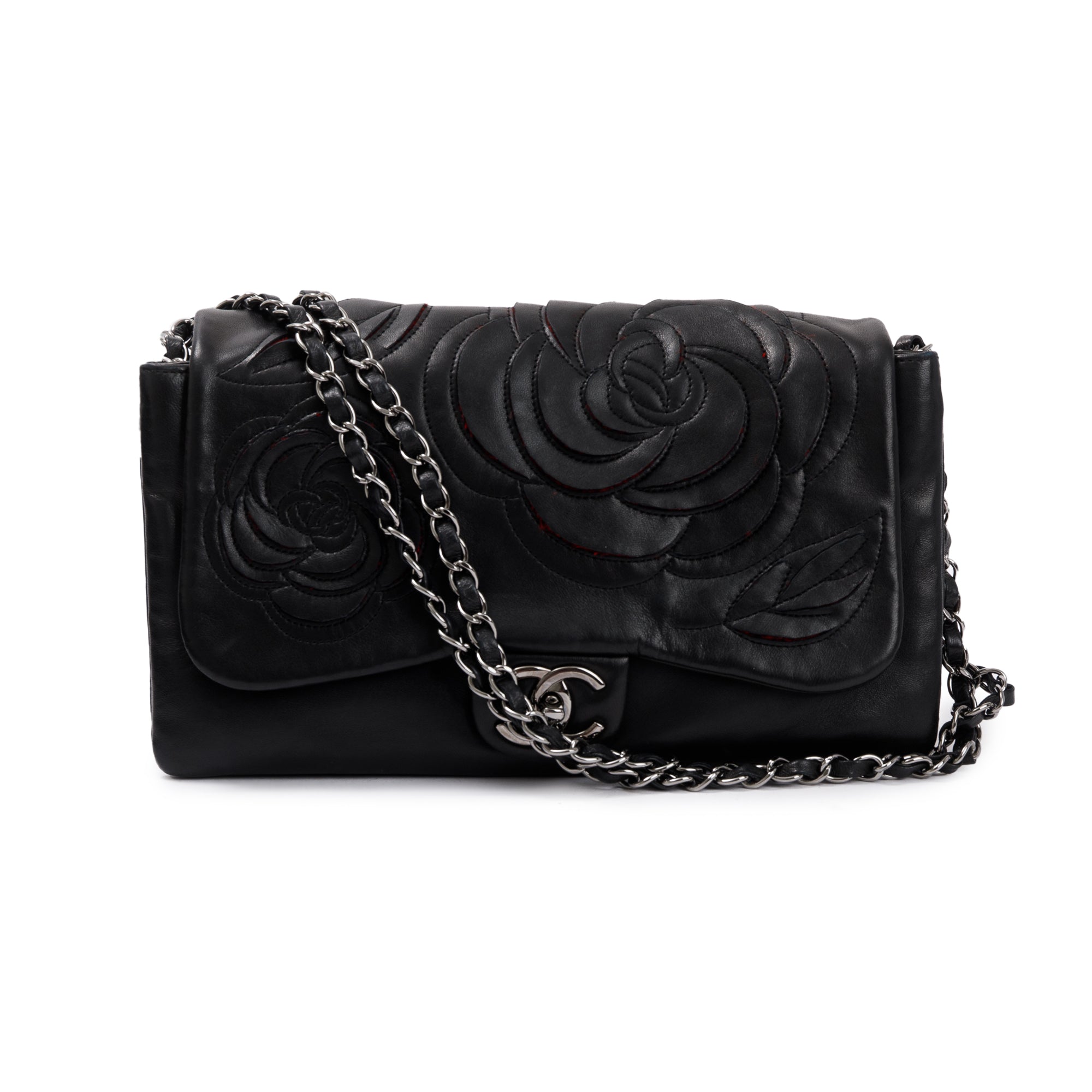 Chanel Black Lambskin Leather Tweed Camellia Petals Flap Bag
