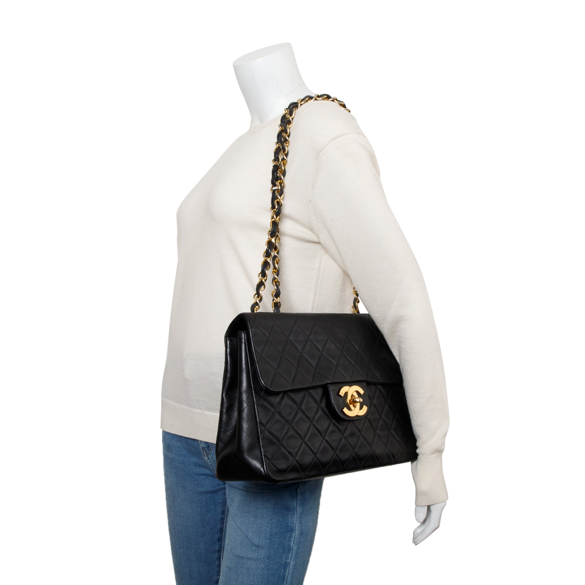 Chanel Black Lambskin Leather Vintage Jumbo XL Single Flap Bag