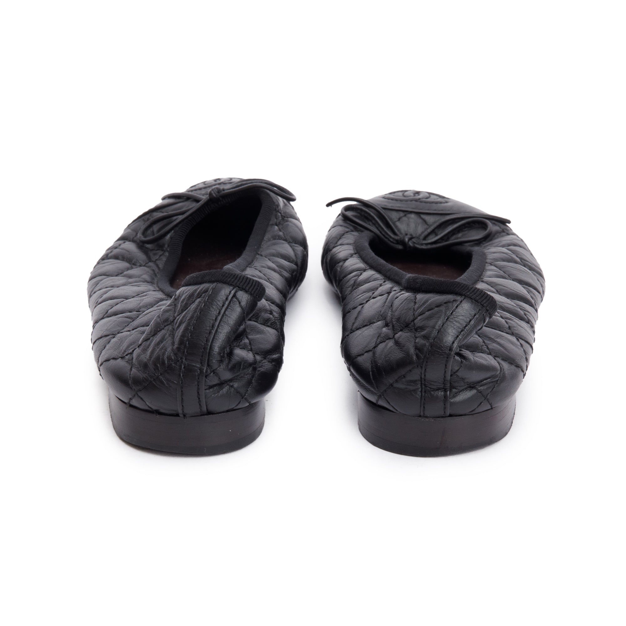Chanel Black Leather Interlocking CC Logo Ballet Flats, Size 37.5