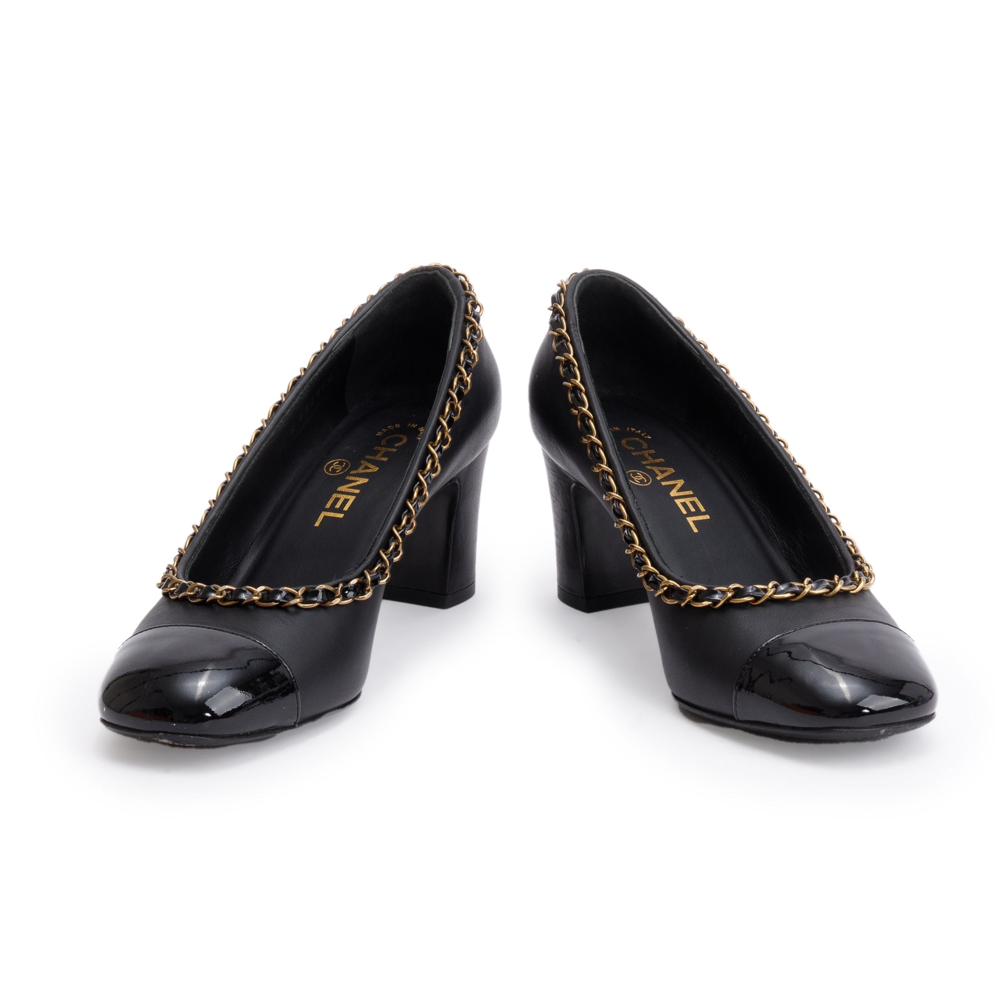 Chanel Black Leather Interlocking CC Logo Chain Around Pumps, Size 36.5 w/ Box
