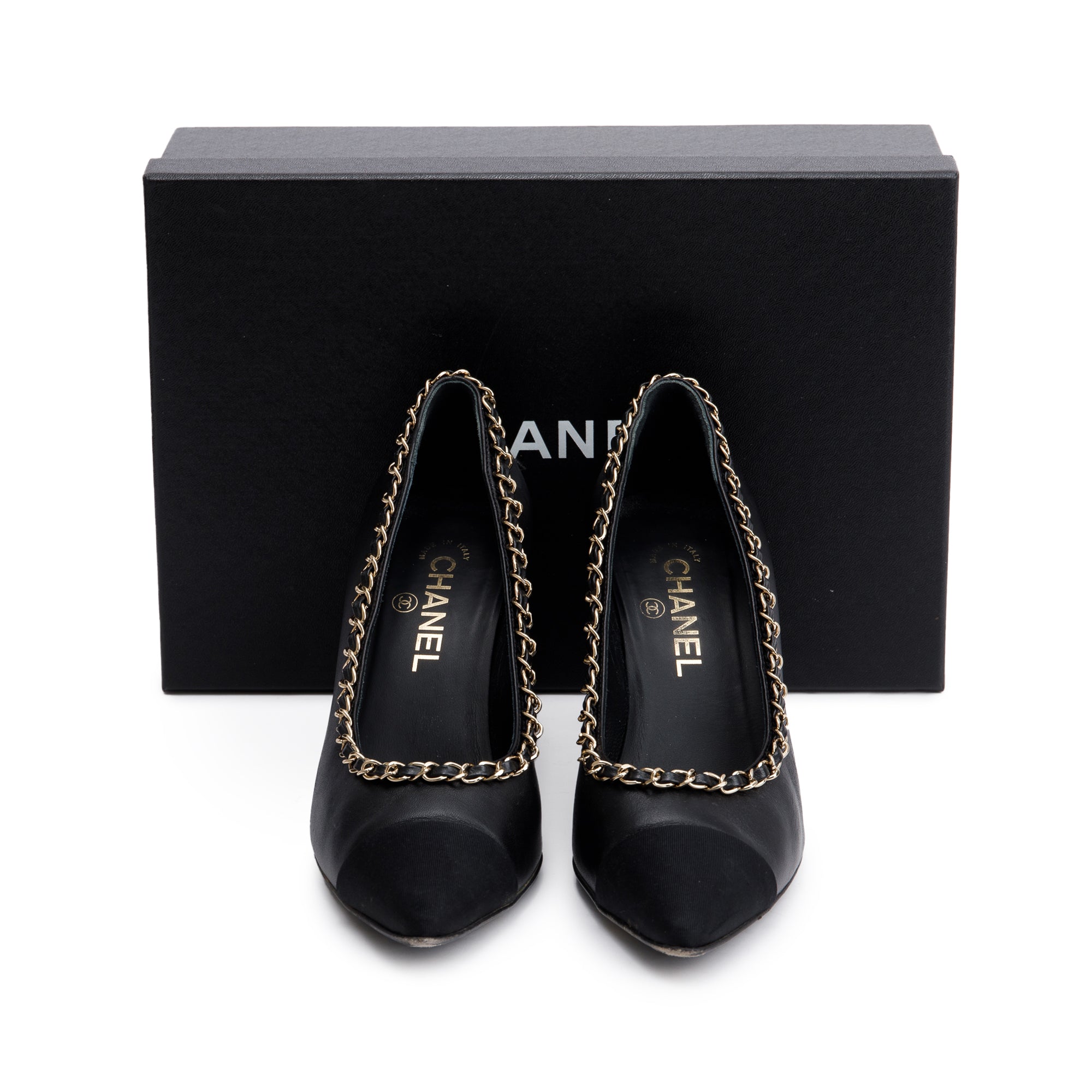 Chanel Black Leather Interlocking CC Logo Chain Around Pumps, Size 38.5 w/ Box