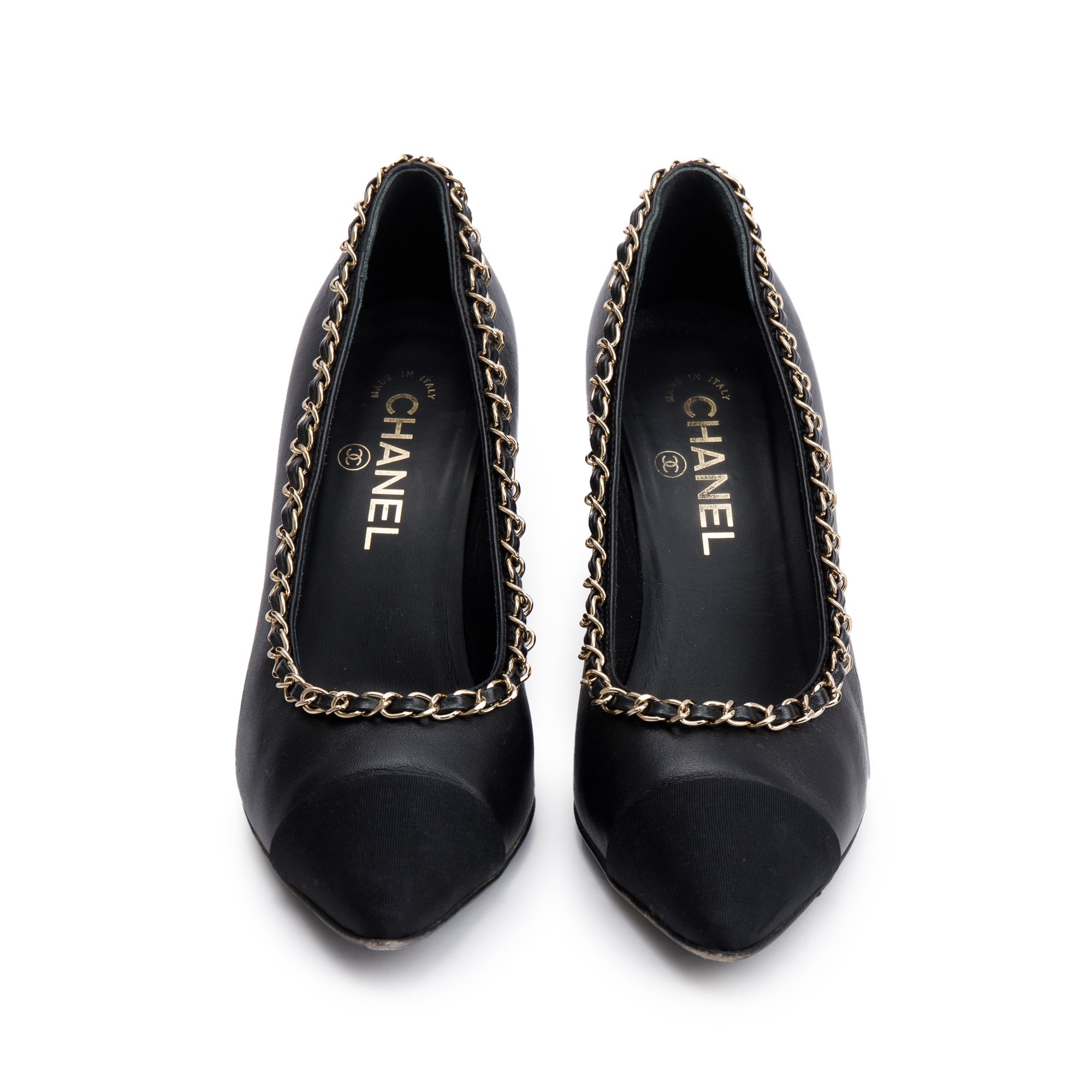 Chanel Black Leather Interlocking CC Logo Chain Around Pumps, Size 38.5 w/ Box