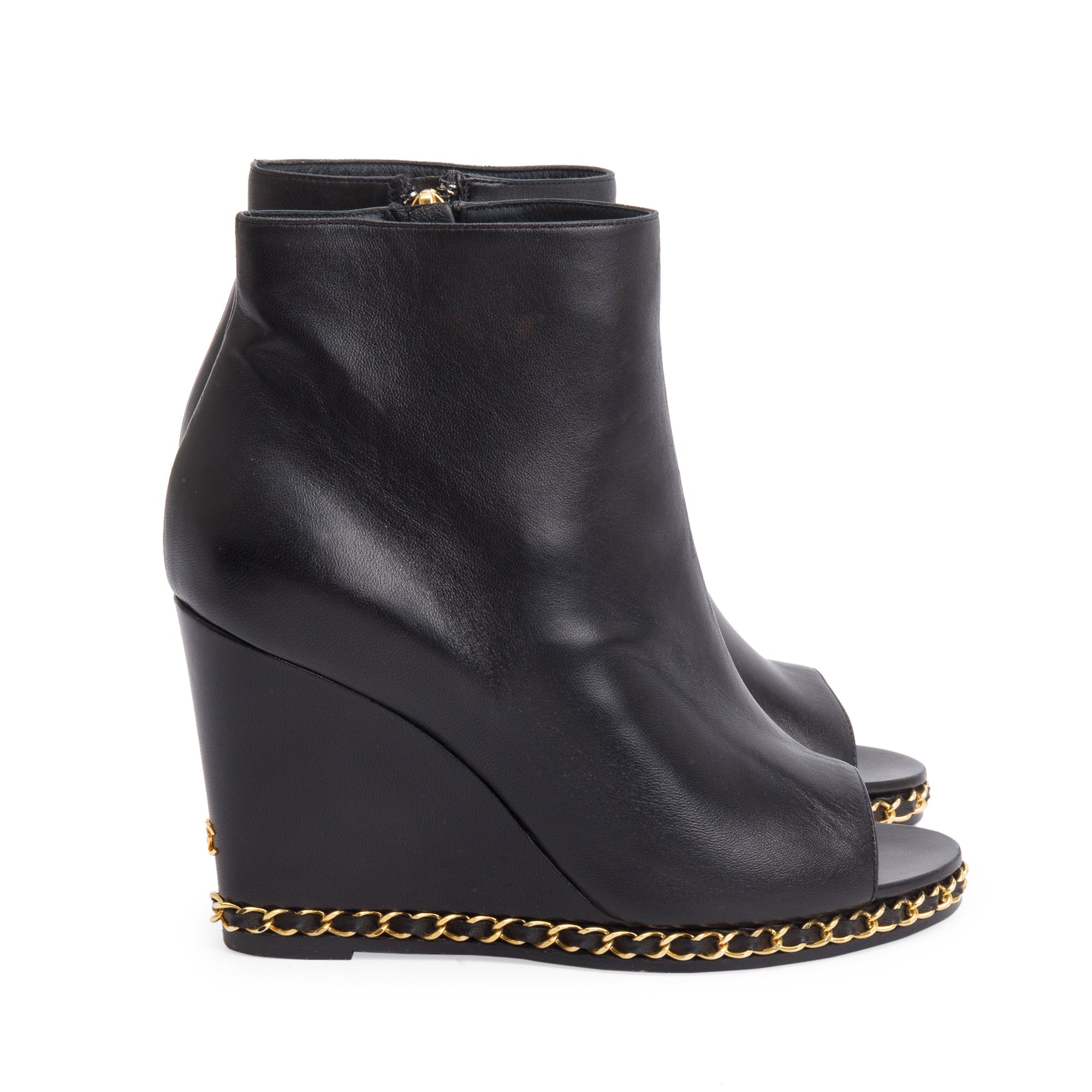 Chanel Black Leather Interlocking CC Logo Chain Open-Toe Wedge Ankle Boots, Size 36.5