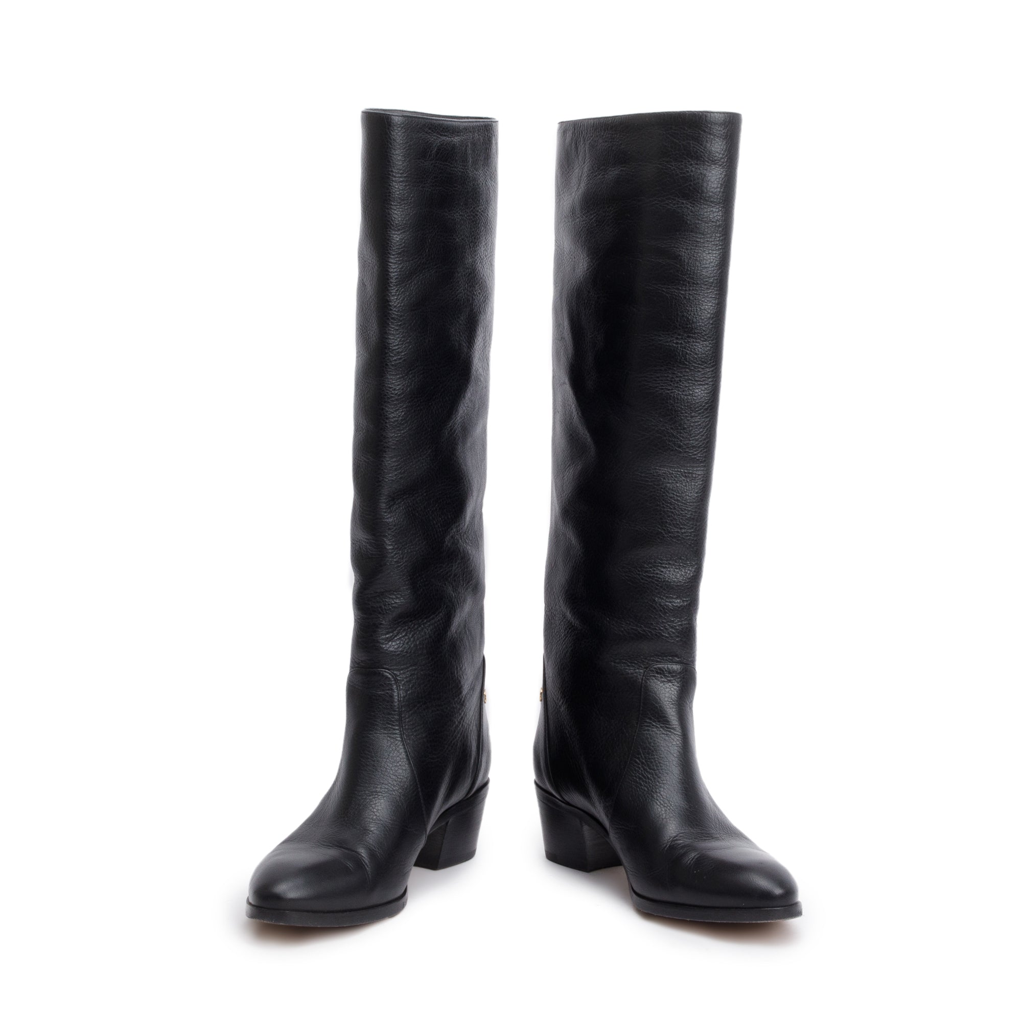 Chanel Black Leather Interlocking CC Logo High Boots, Size 36.5