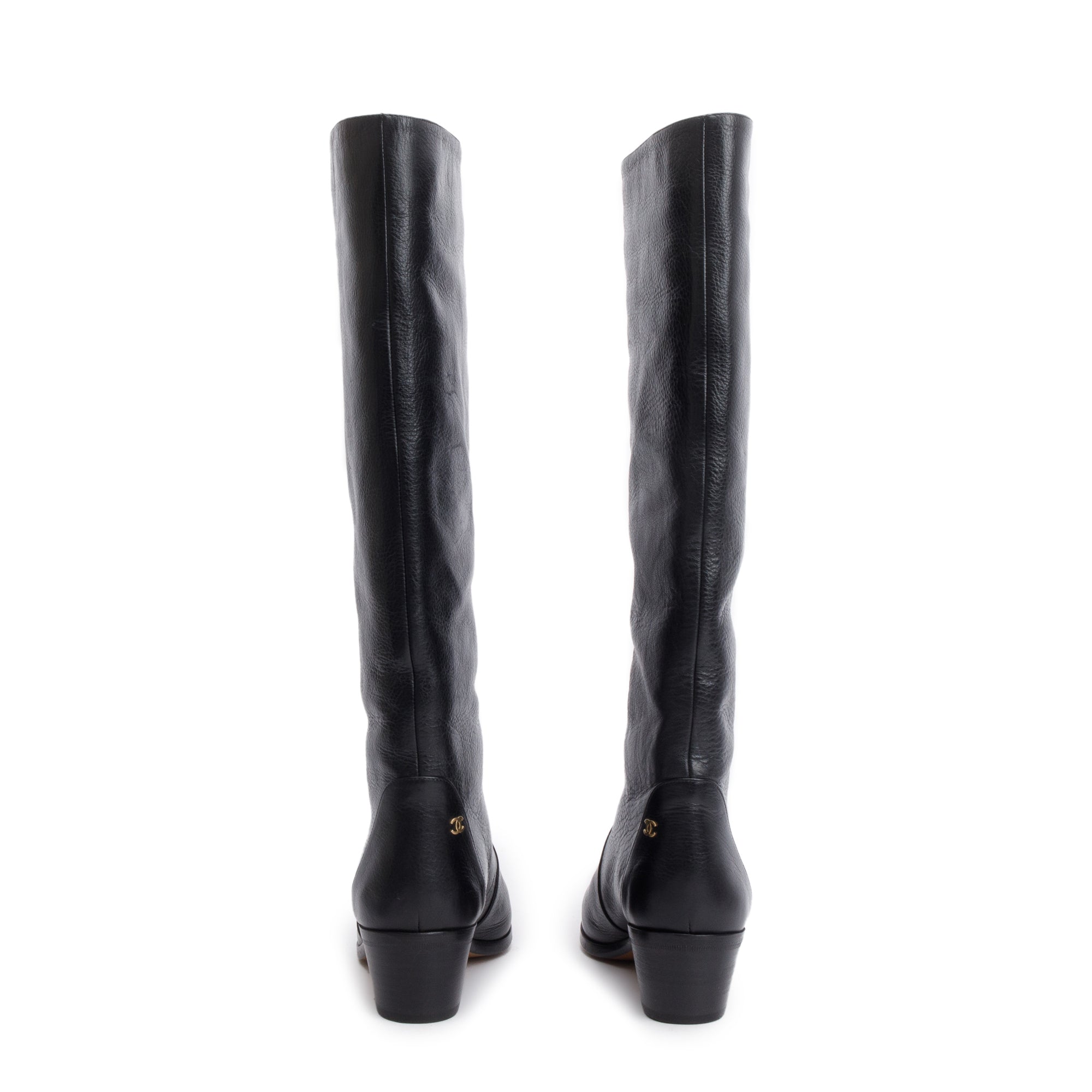 Chanel Black Leather Interlocking CC Logo High Boots, Size 36.5