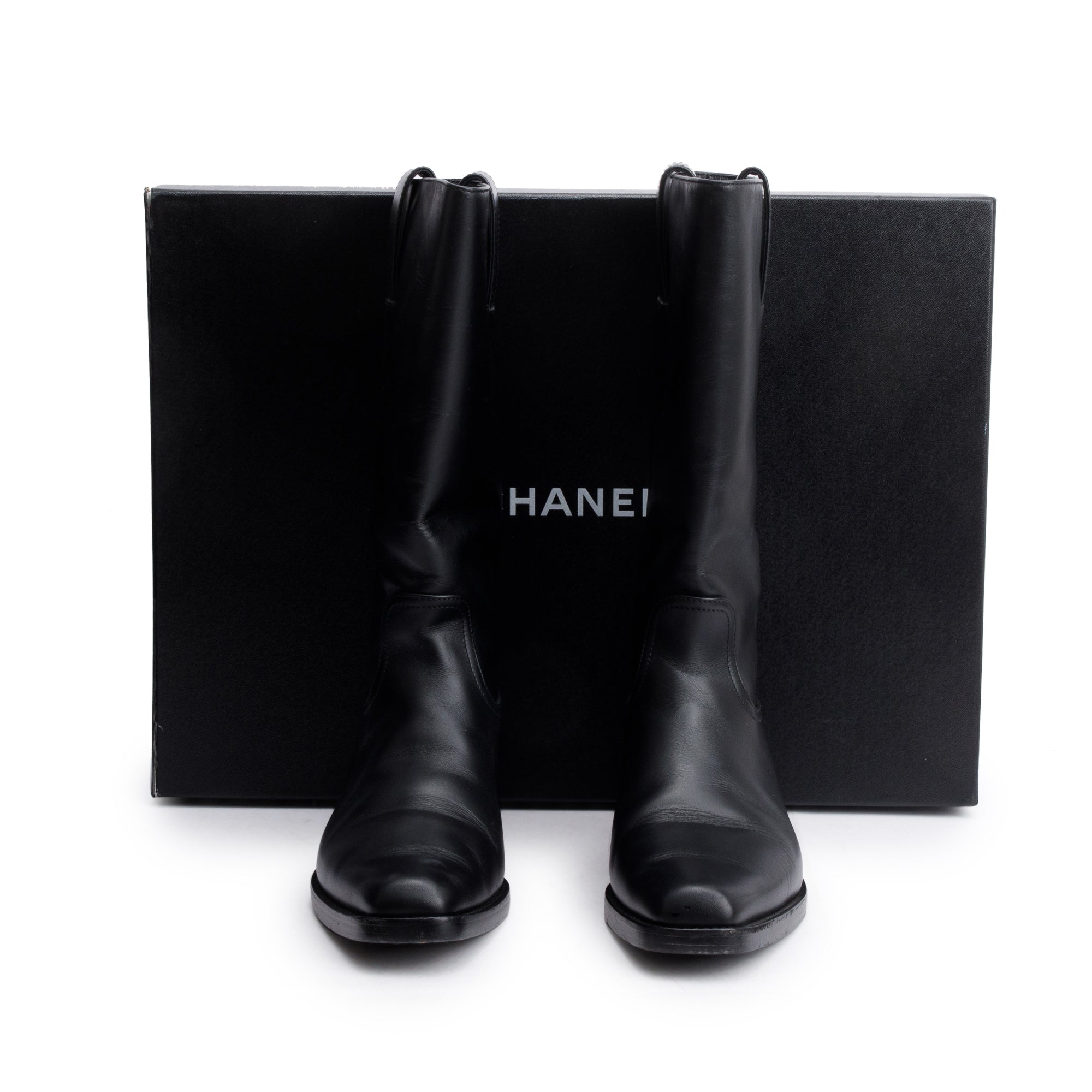 Chanel Black Leather Interlocking CC Logo Mid Calf Cowboy Boots, Size 38.5 w/ Box