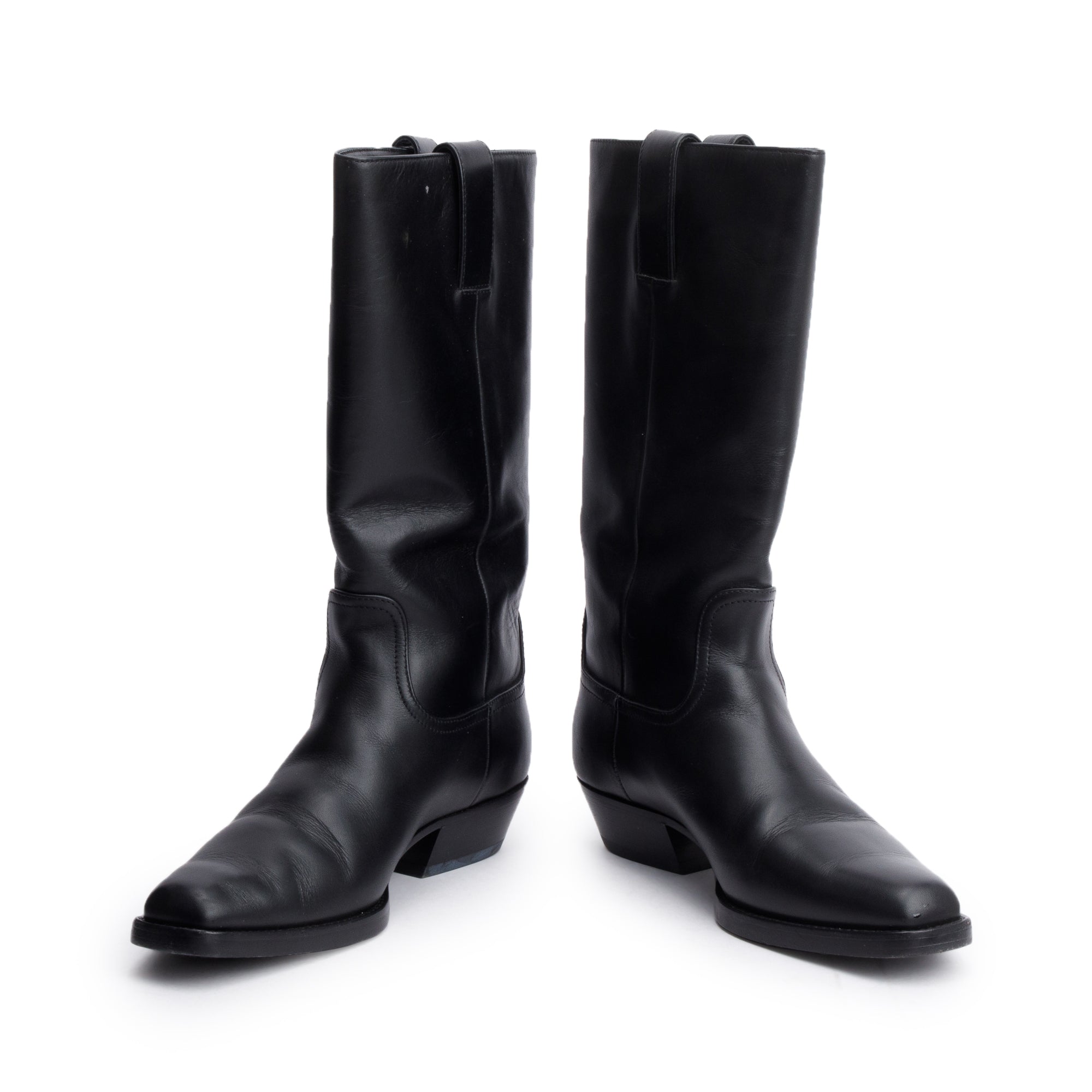 Chanel Black Leather Interlocking CC Logo Mid Calf Cowboy Boots, Size 38.5 w/ Box