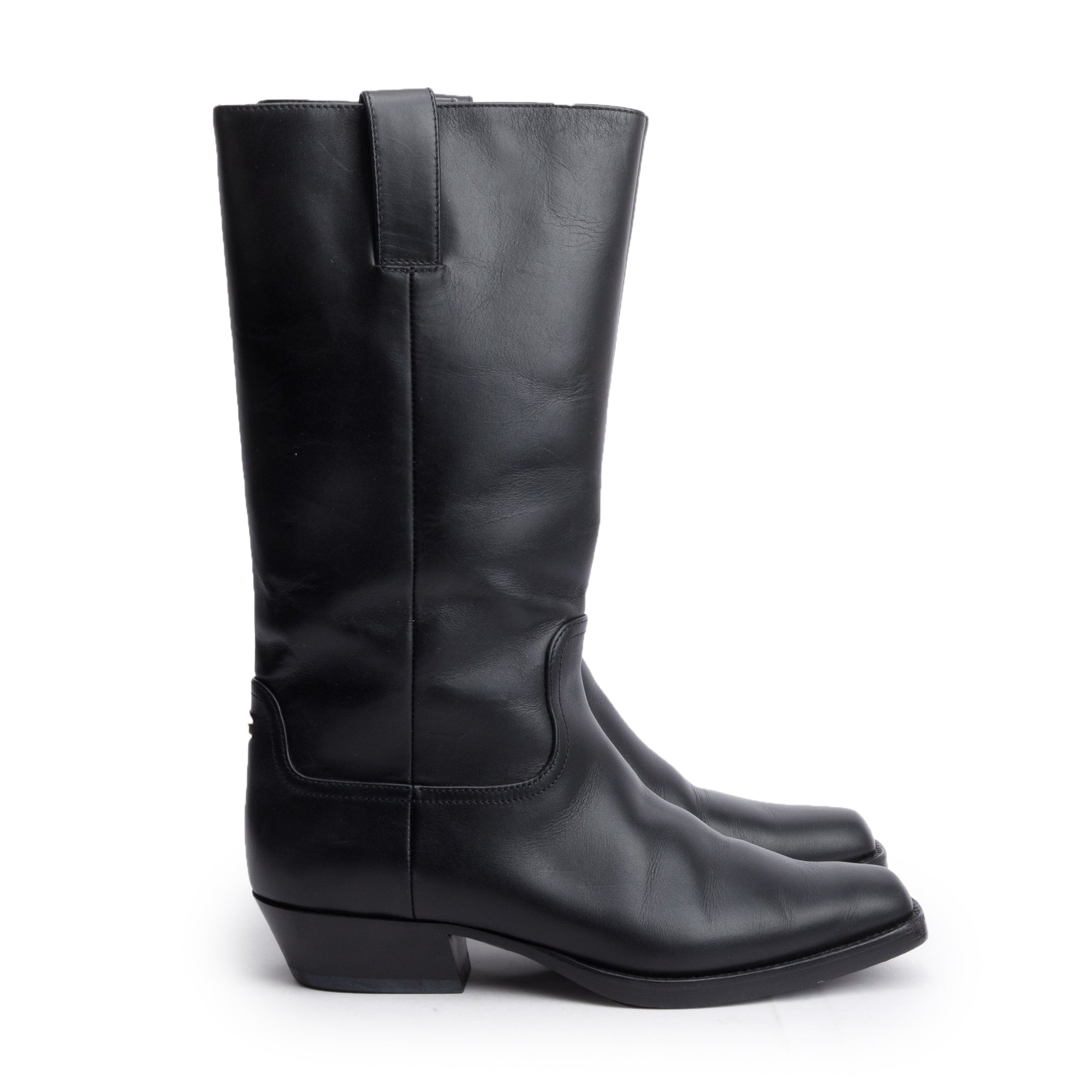 Chanel Black Leather Interlocking CC Logo Mid Calf Cowboy Boots, Size 38.5 w/ Box