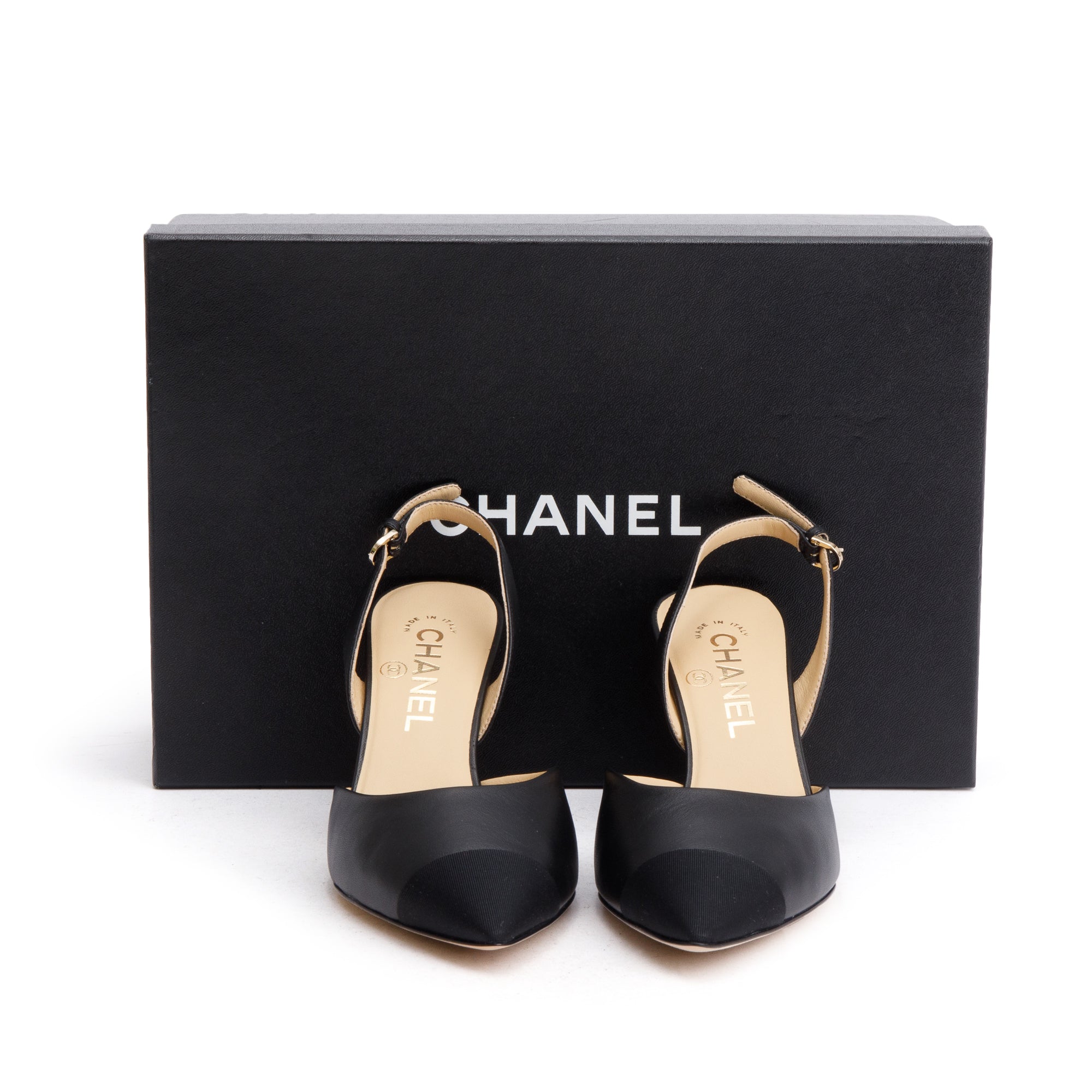 Chanel Black Leather/Grosgrain Cap Toe CC Slingback Sandals, Size 36.5 w/ Box