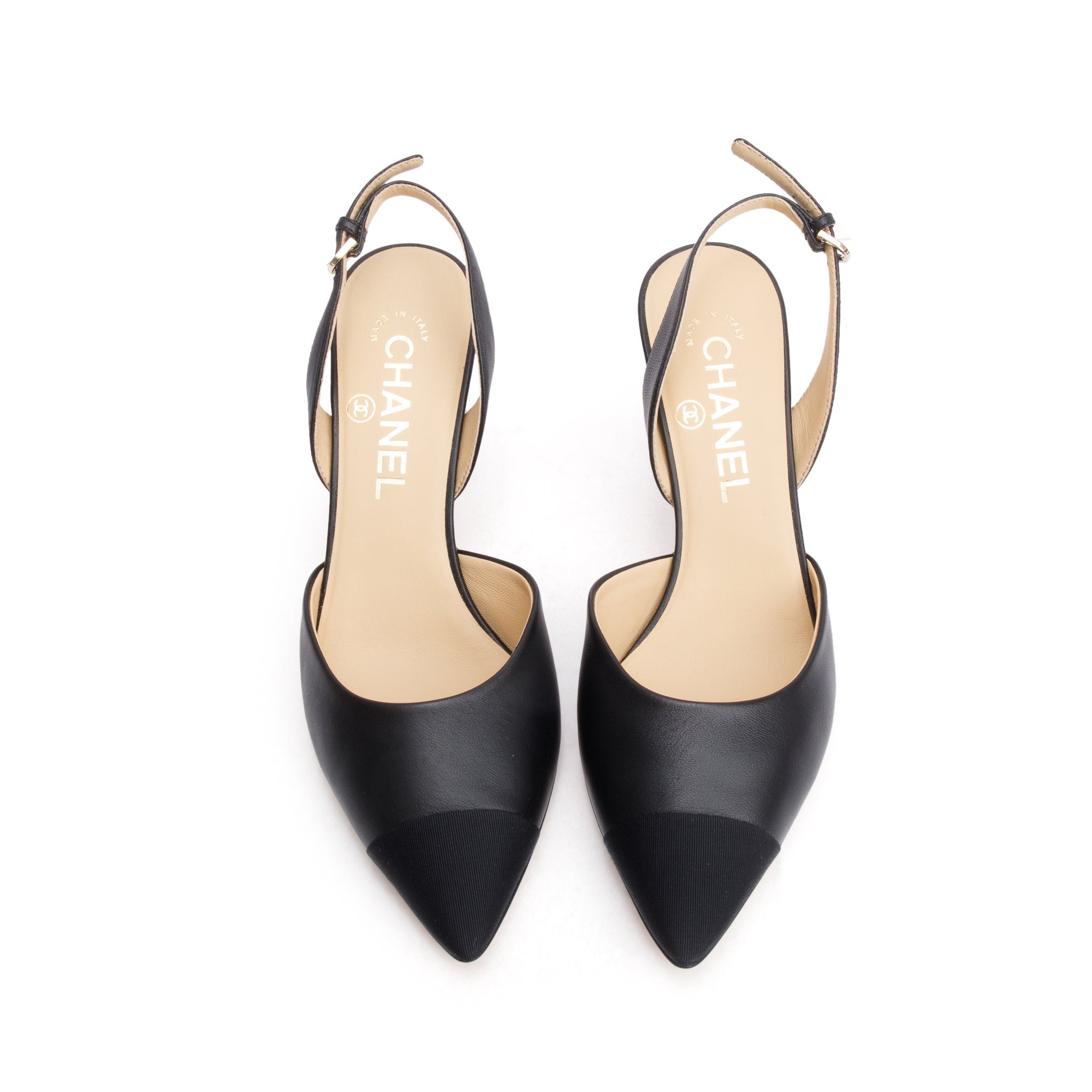 Chanel Black Leather/Grosgrain Cap Toe CC Slingback Sandals, Size 36.5 w/ Box