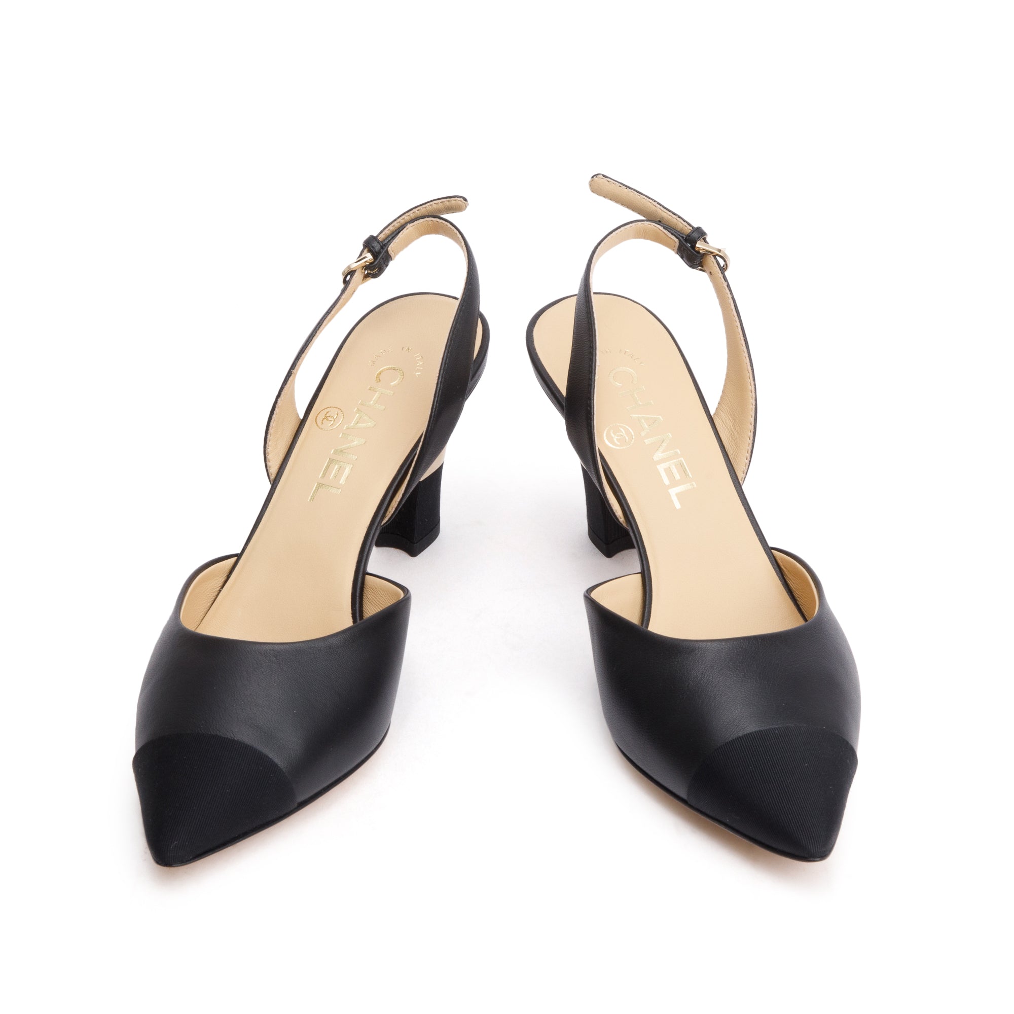 Chanel Black Leather/Grosgrain Cap Toe CC Slingback Sandals, Size 36.5 w/ Box