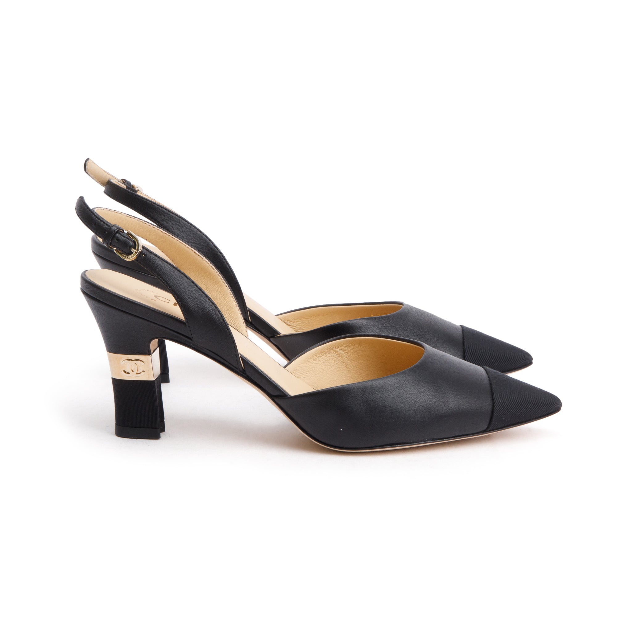 Chanel Black Leather/Grosgrain Cap Toe CC Slingback Sandals, Size 36.5 w/ Box