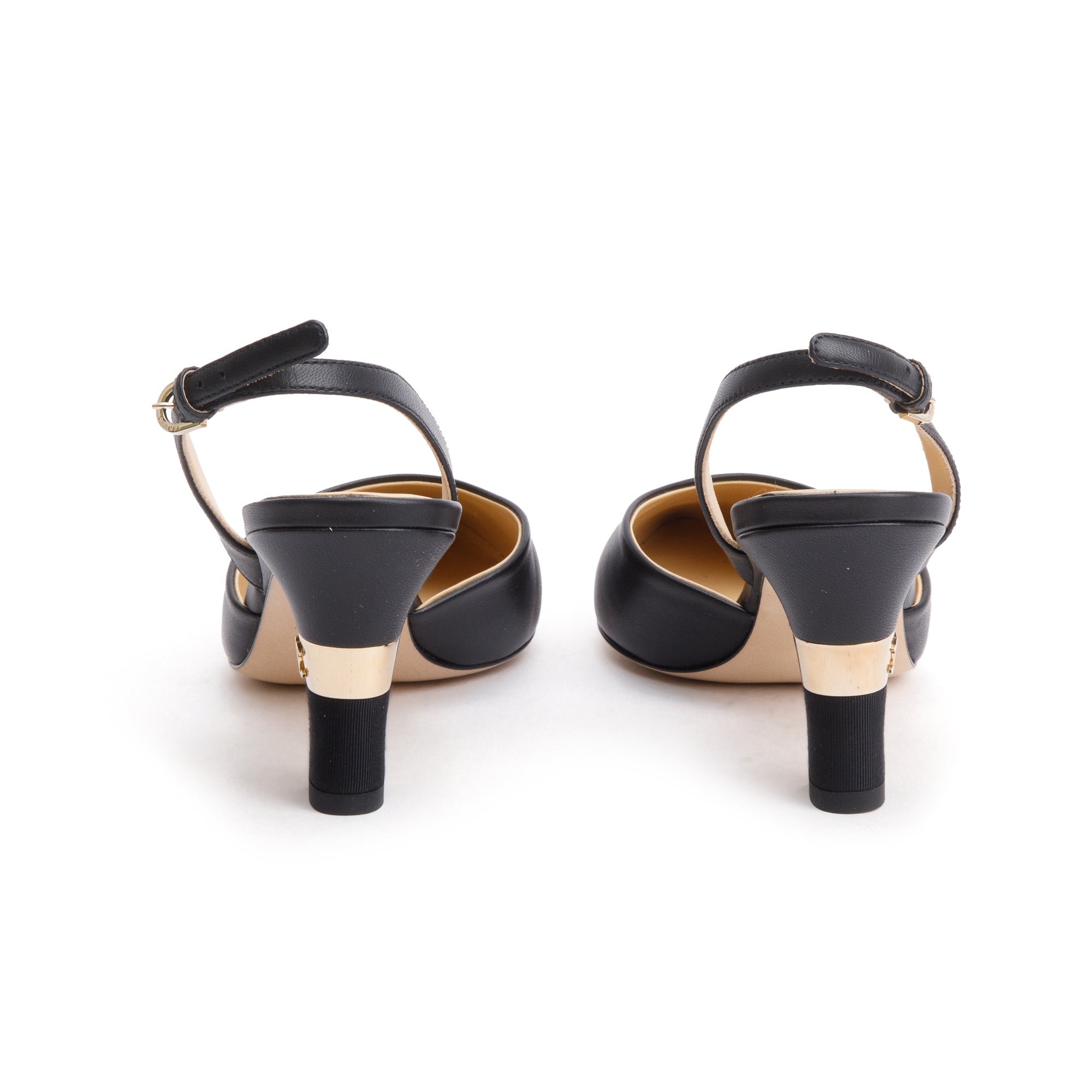 Chanel Black Leather/Grosgrain Cap Toe CC Slingback Sandals, Size 36.5 w/ Box