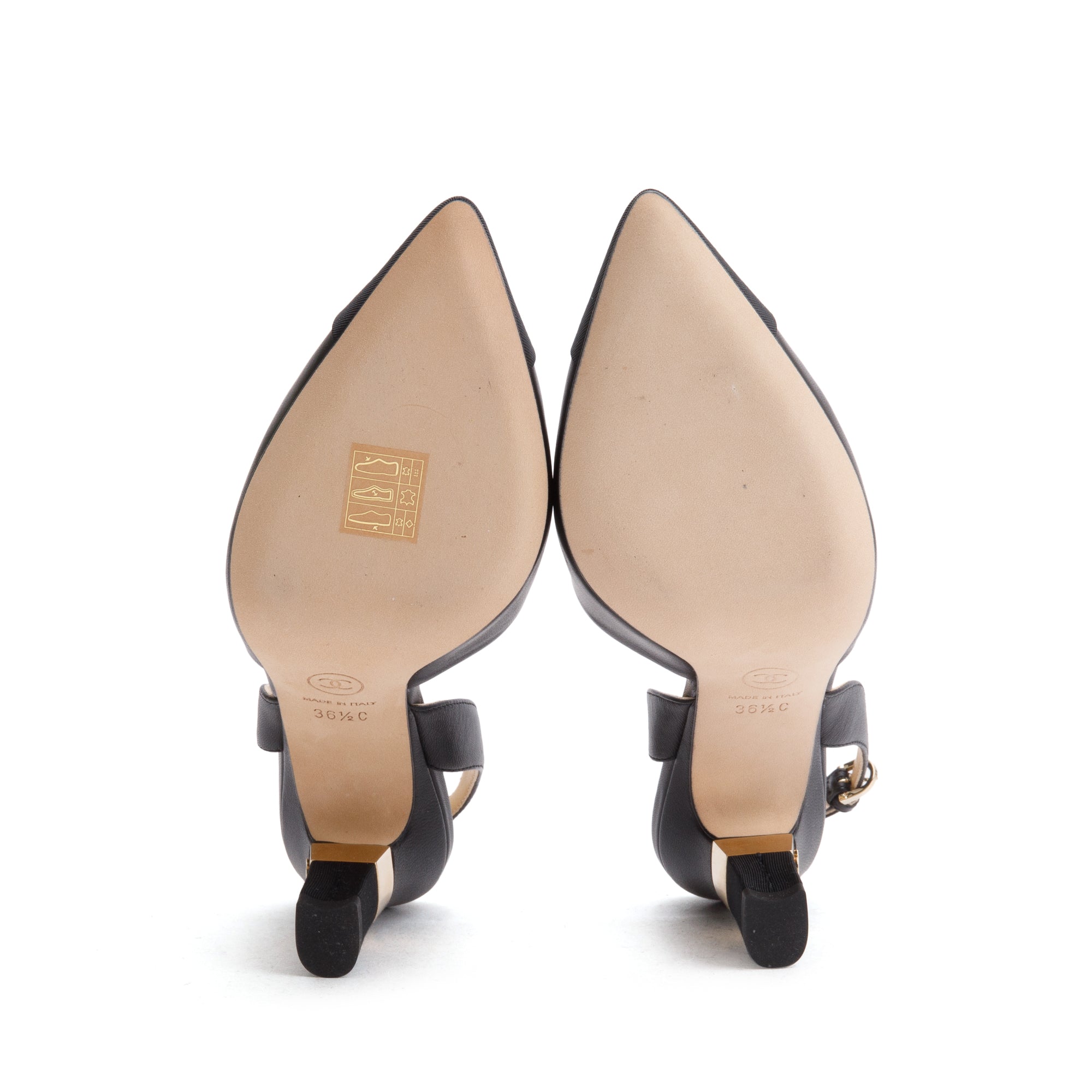 Chanel Black Leather/Grosgrain Cap Toe CC Slingback Sandals, Size 36.5 w/ Box