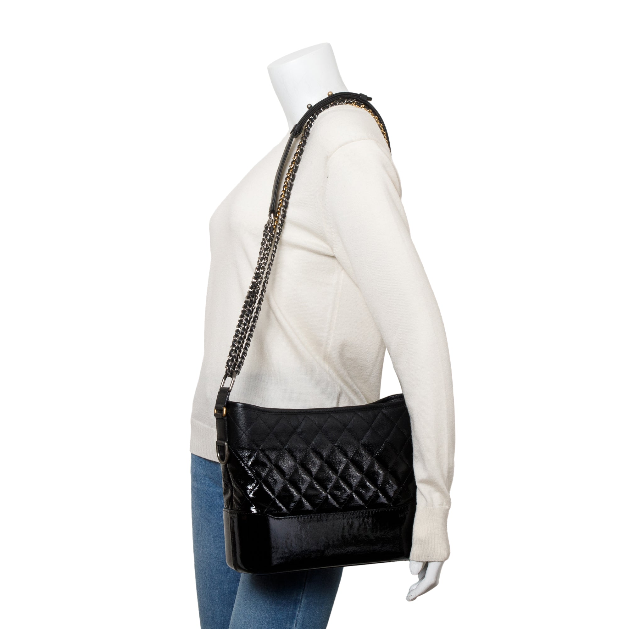 Chanel Black Patent Goatskin Leather Medium Gabrielle Hobo w/ Authenticity Card