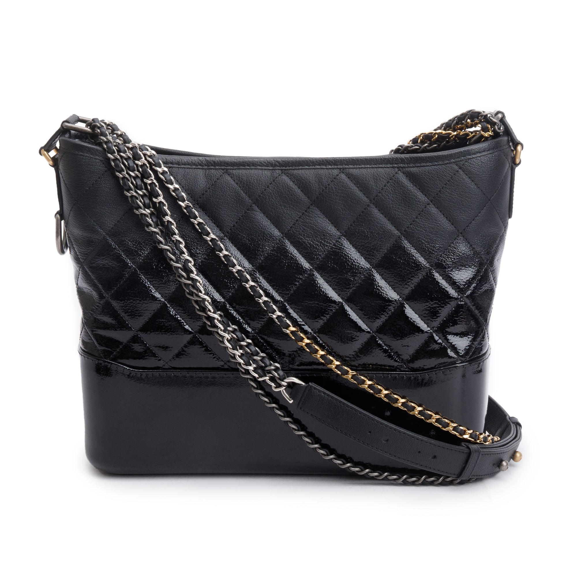 Chanel Black Patent Goatskin Leather Medium Gabrielle Hobo w/ Authenticity Card