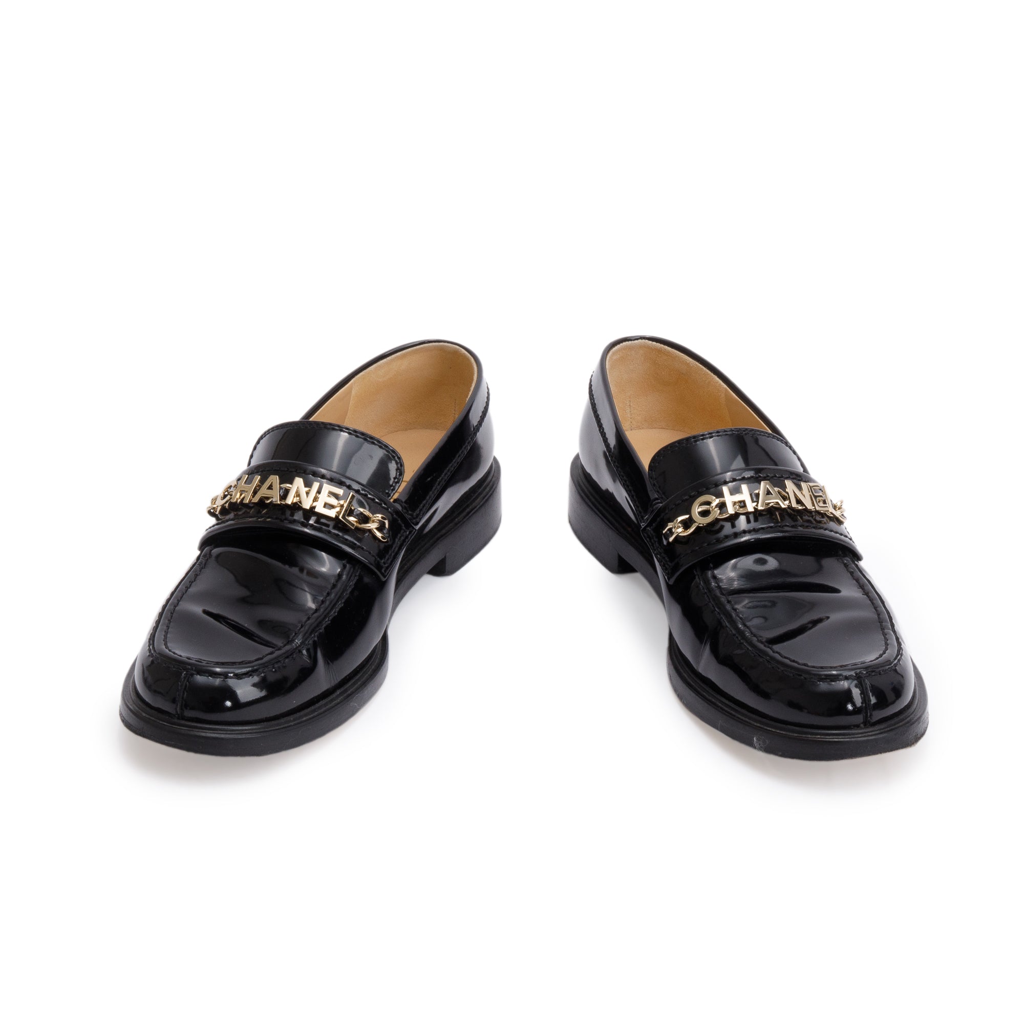Chanel Black Patent Leather Chain Logo Loafer, Size 38.5 w/ Box