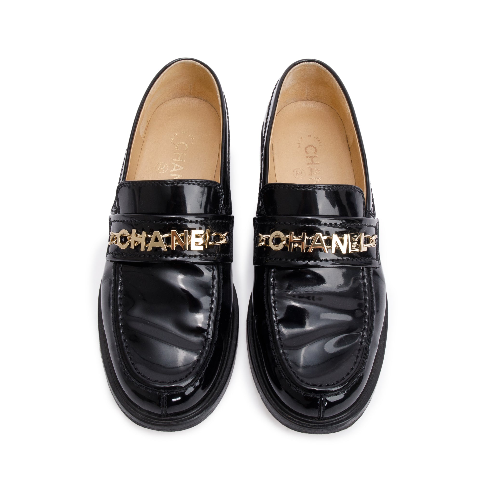 Chanel Black Patent Leather Chain Logo Loafer, Size 38.5 w/ Box