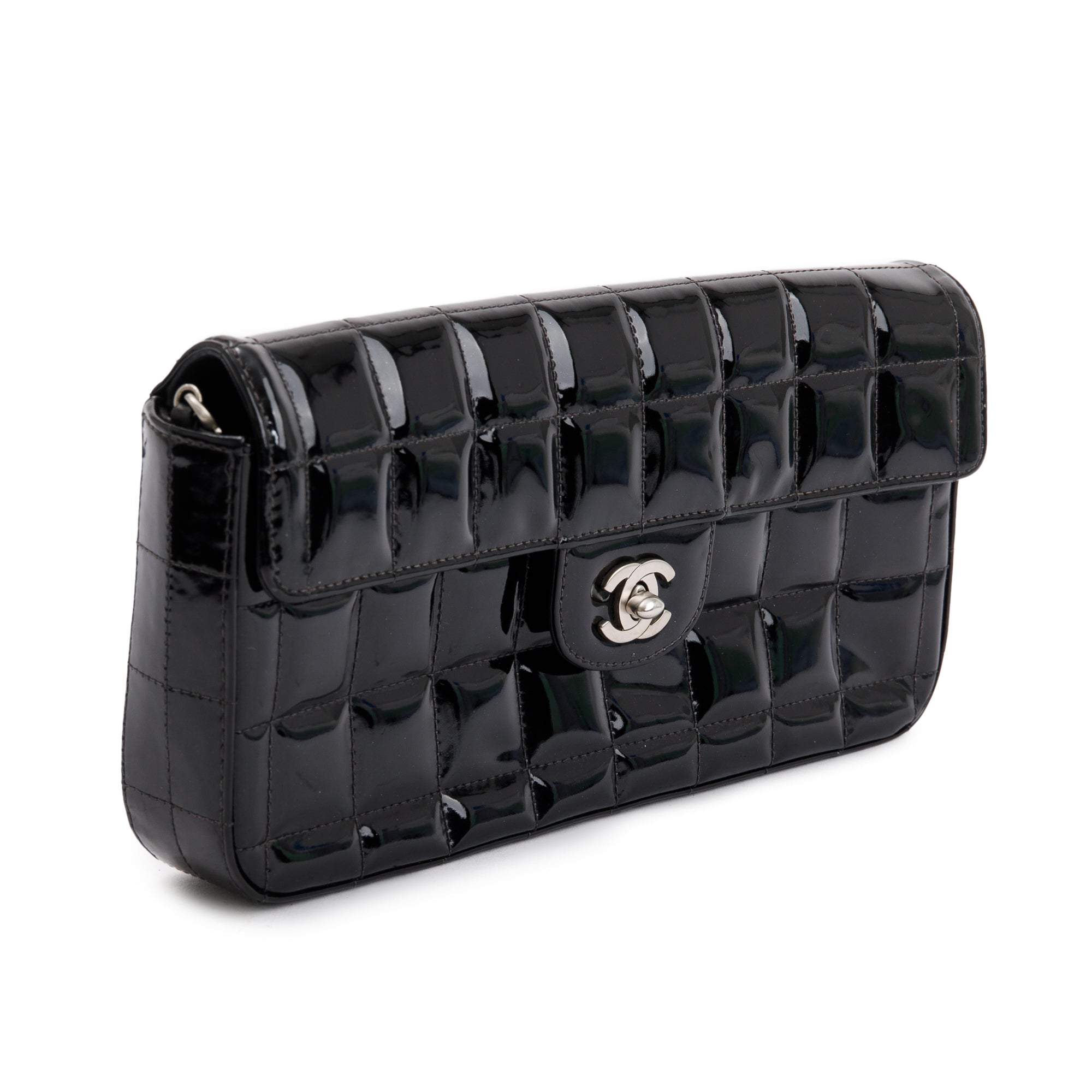 Chanel Black Patent Leather Chocolate Bar E/W Flap Bag w/ Authenticity Card