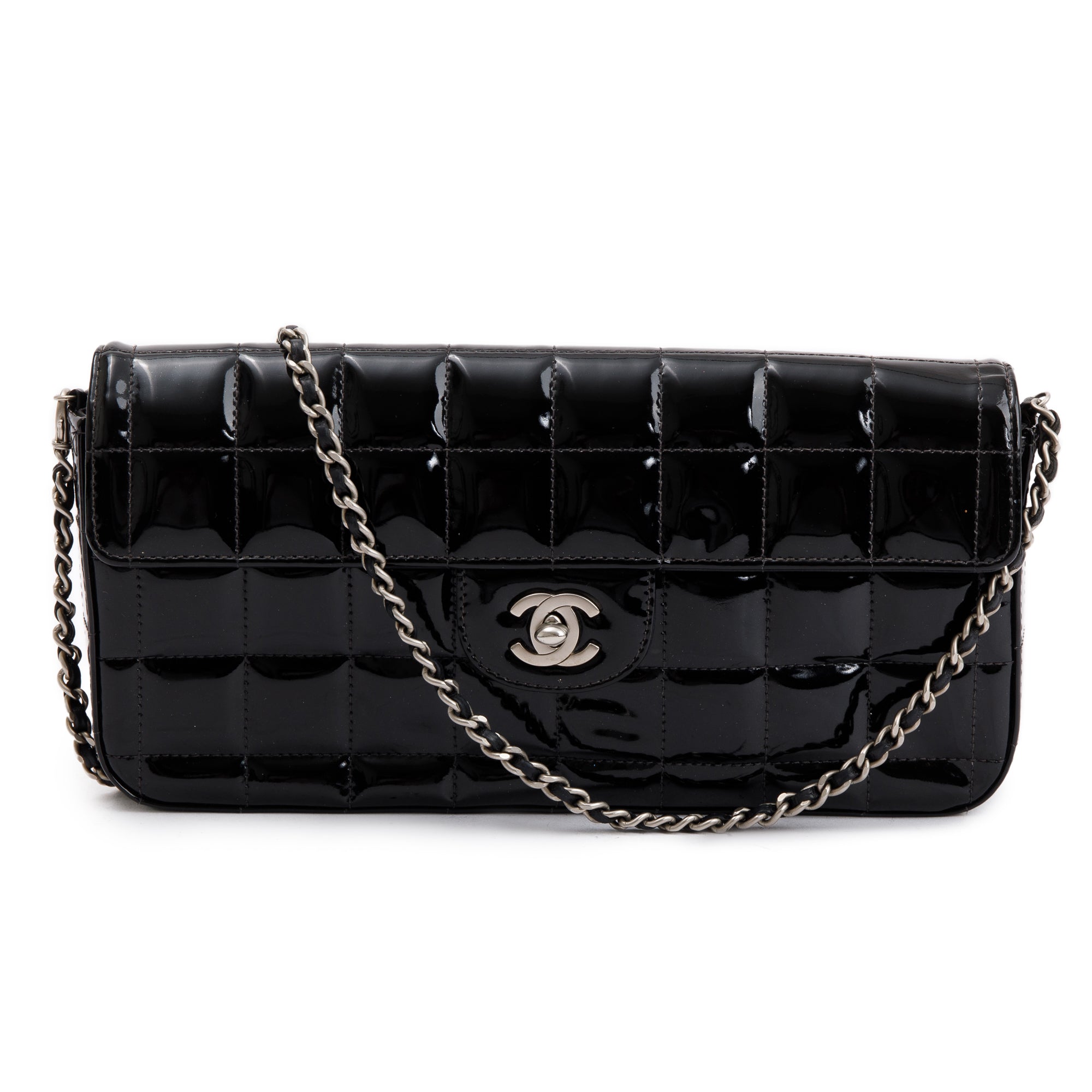 Chanel Black Patent Leather Chocolate Bar E/W Flap Bag w/ Authenticity Card