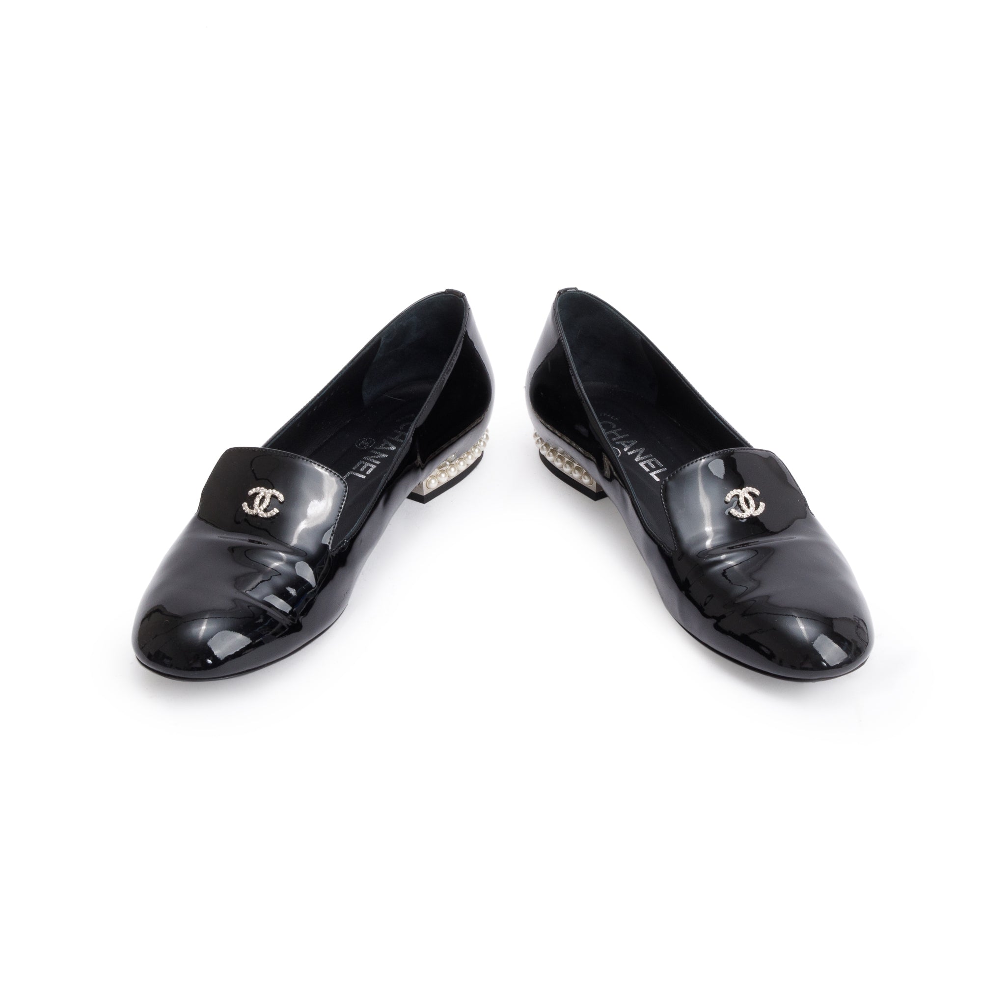 Chanel Black Patent Leather Faux Pearl CC Logo Loafer, Size 40 w/ Box