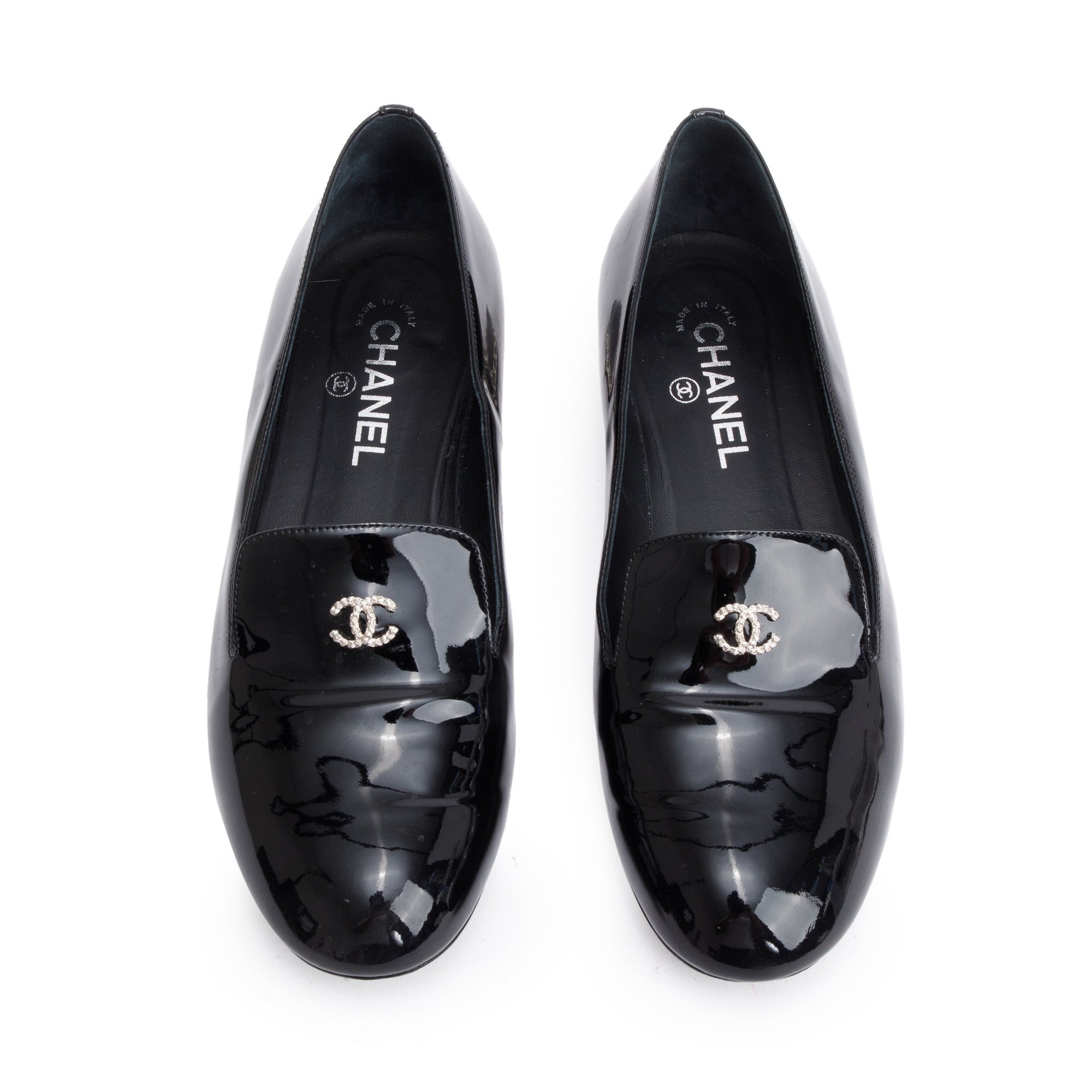 Chanel Black Patent Leather Faux Pearl CC Logo Loafer, Size 40 w/ Box