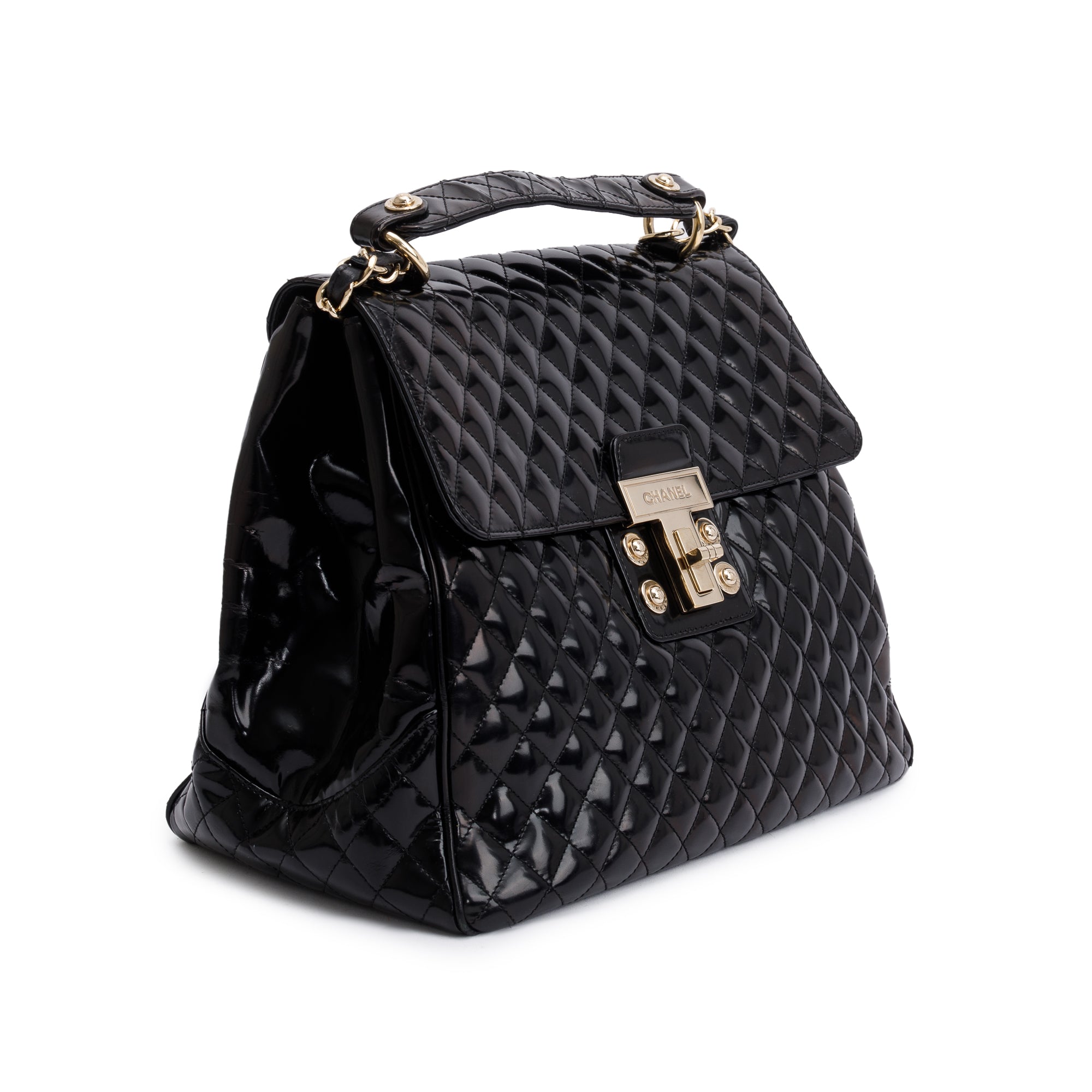 Chanel Black Patent Leather Mademoiselle Kelly Flap Bag