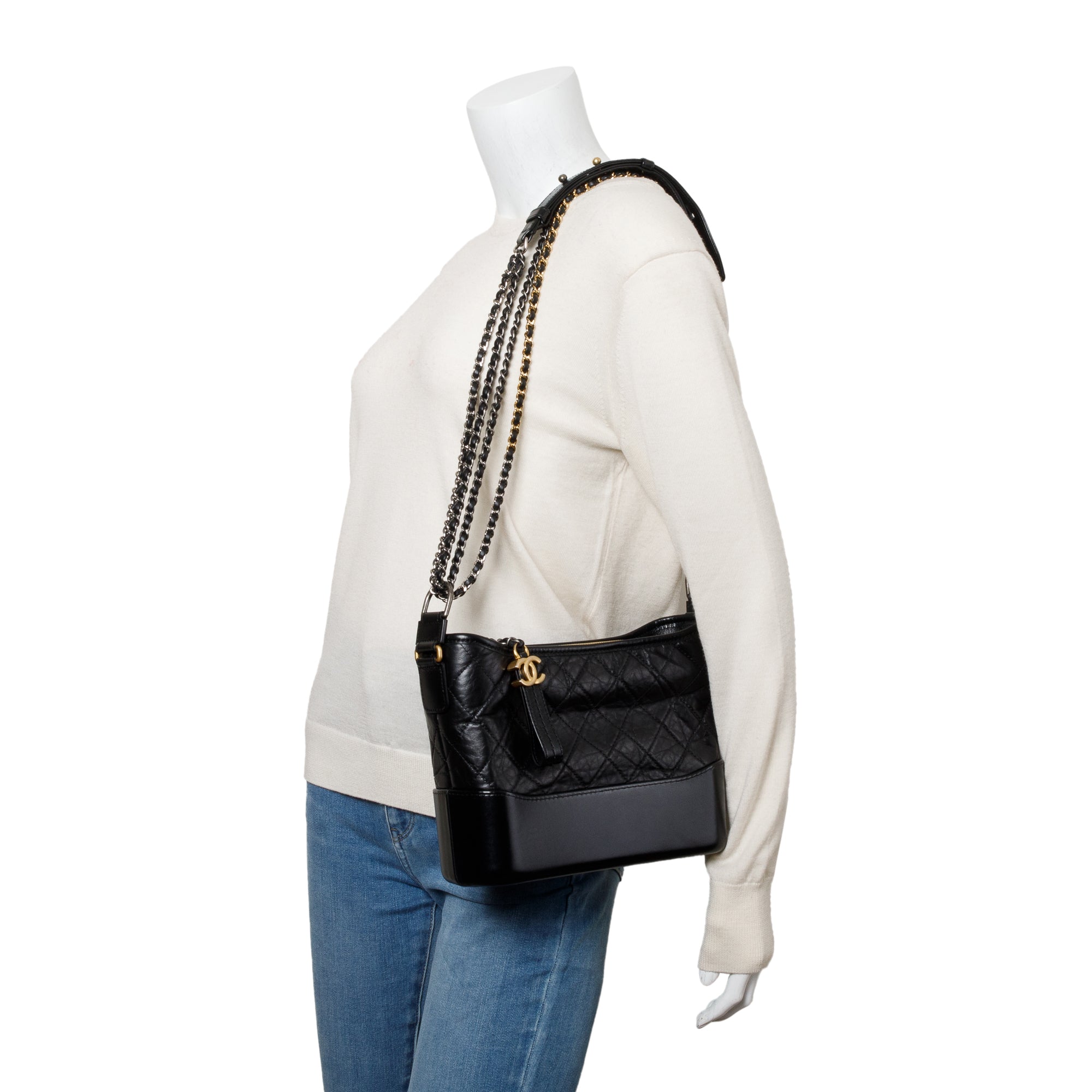 Chanel Black Quilted Aged Calfskin Leather Medium Gabrielle Hobo w/ Box
