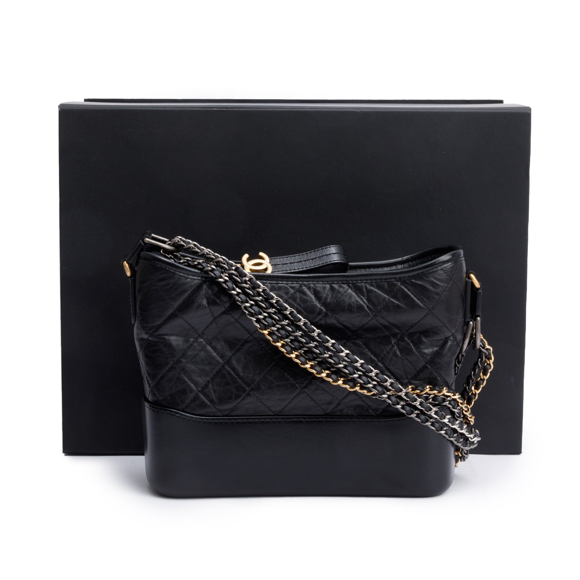 Chanel Black Quilted Aged Calfskin Leather Medium Gabrielle Hobo w/ Box