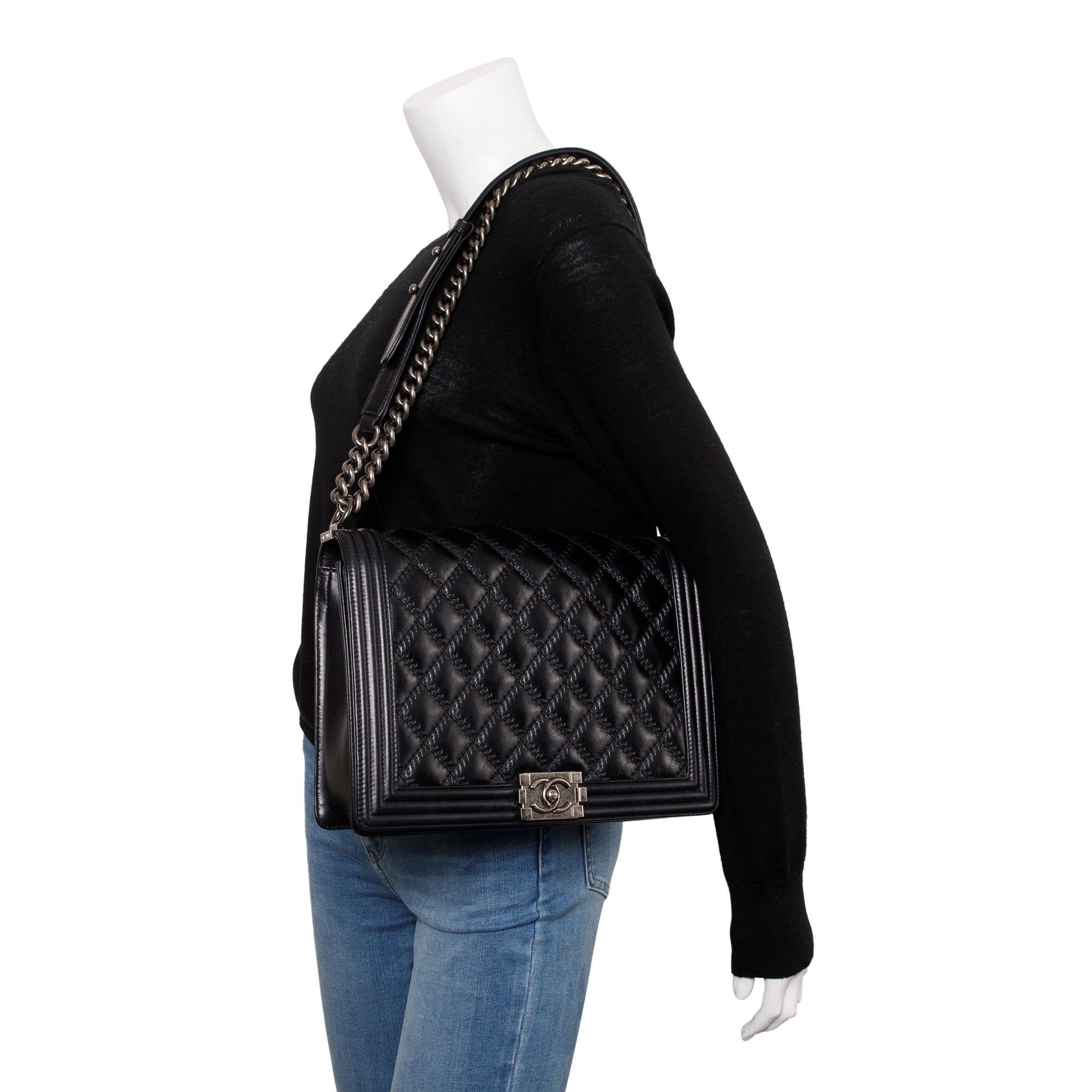 Chanel Black Quilted Aged Calfskin XL Boy Bag w/ Authenticity Card