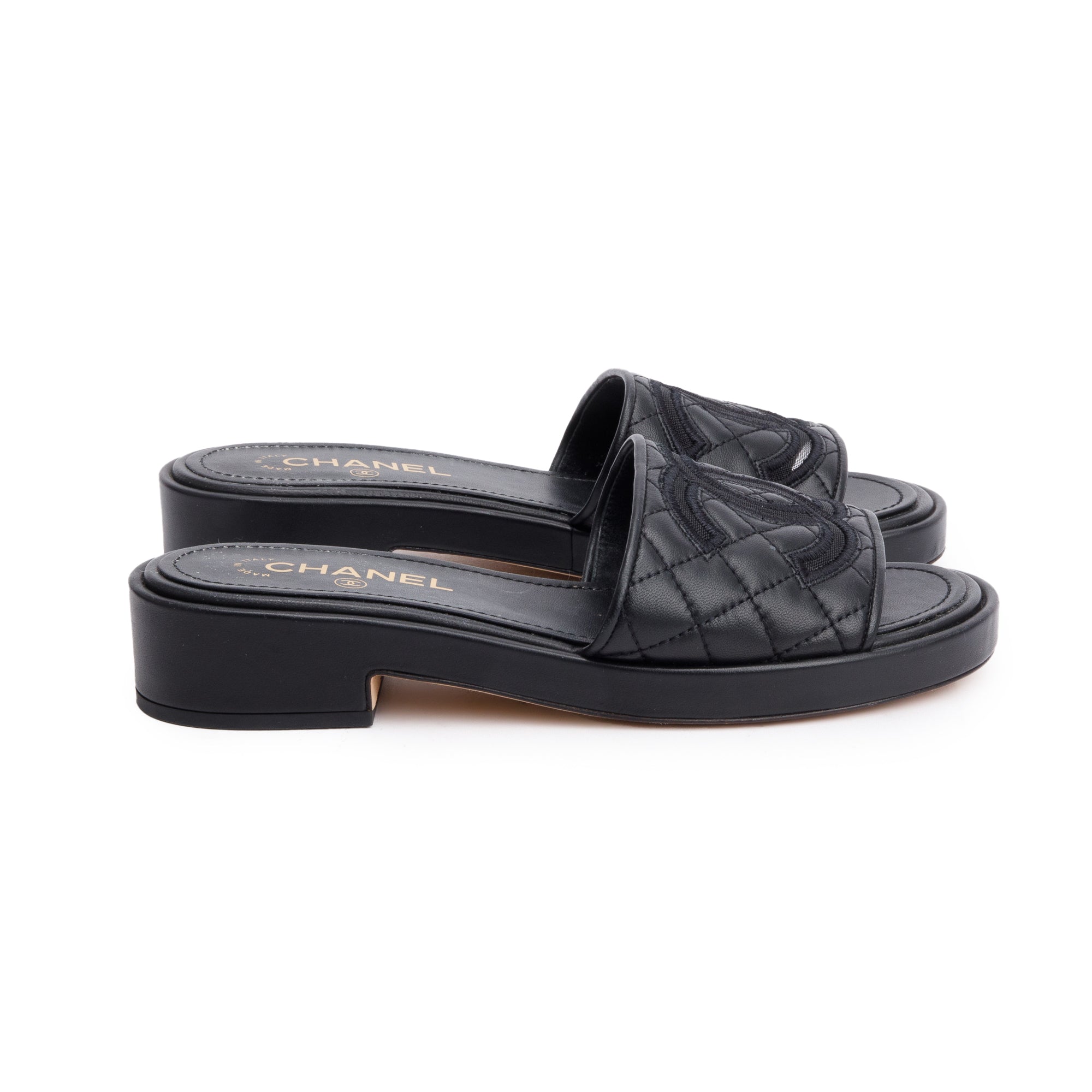 Chanel Black Quilted Calfskin Leather CC Slide Sandals, Size 39