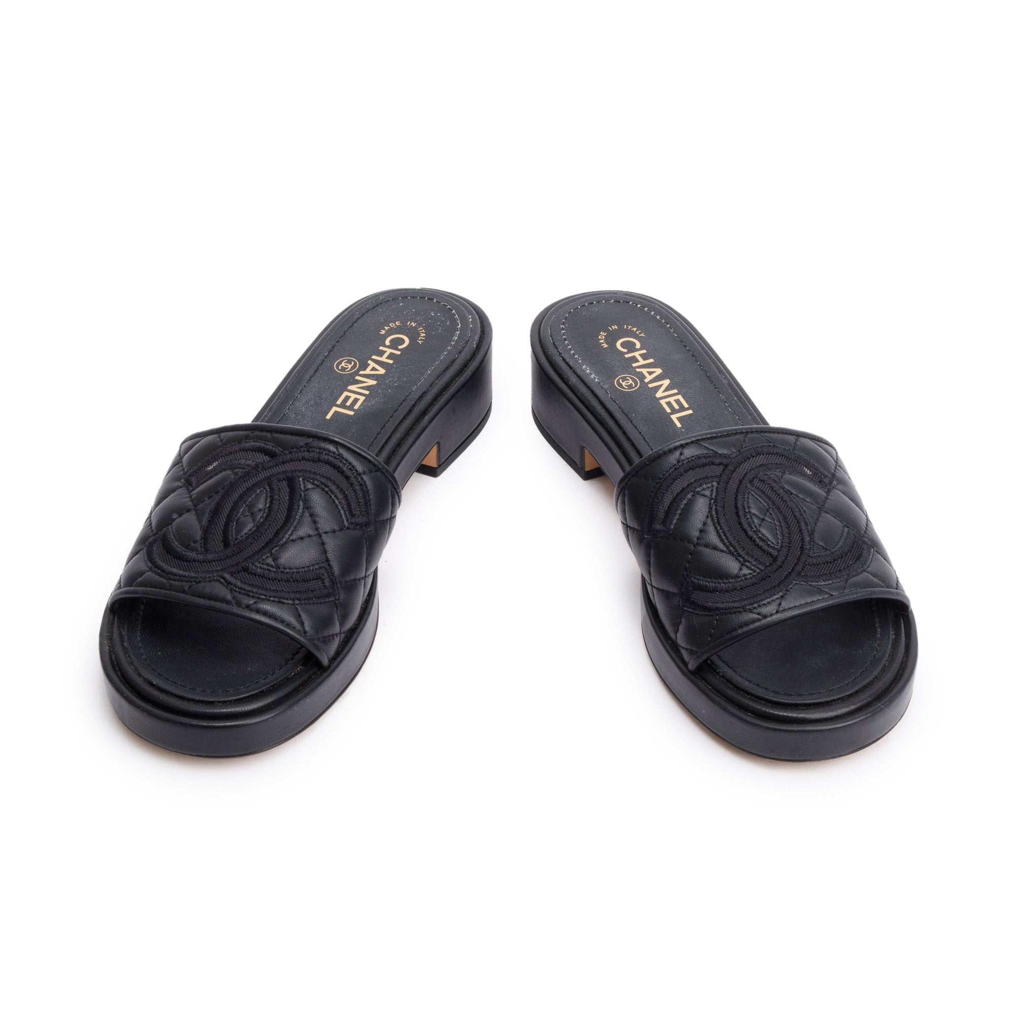 Chanel Black Quilted Calfskin Leather CC Slide Sandals, Size 39
