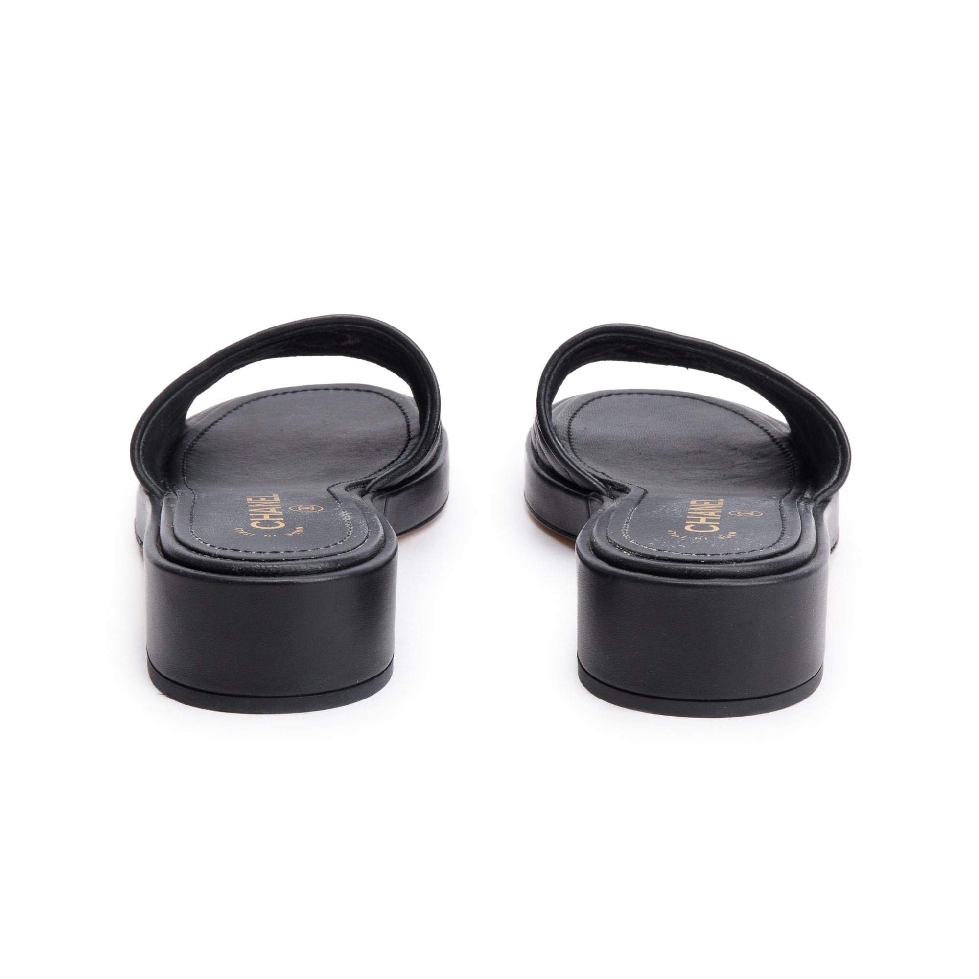 Chanel Black Quilted Calfskin Leather CC Slide Sandals, Size 39