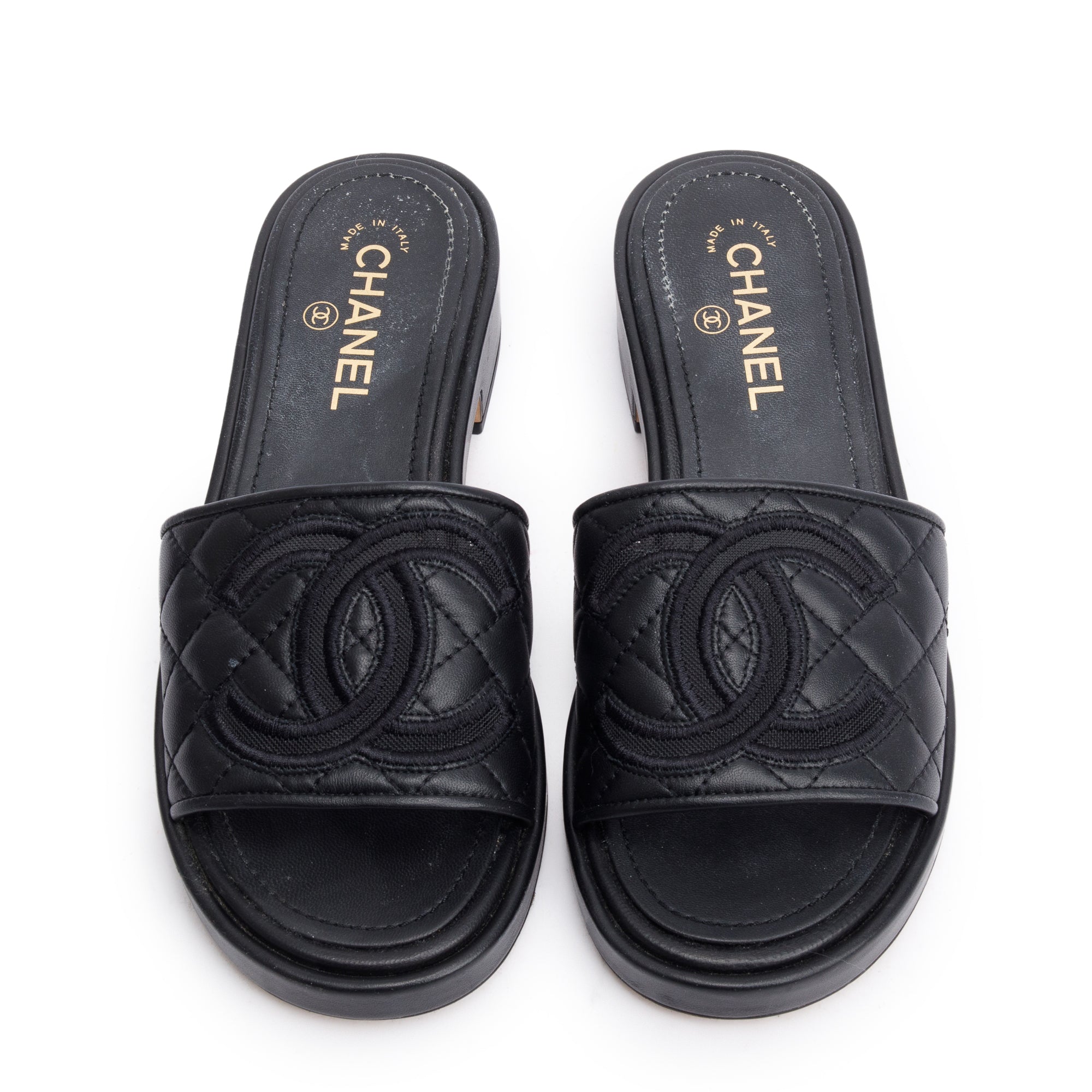 Chanel Black Quilted Calfskin Leather CC Slide Sandals, Size 39