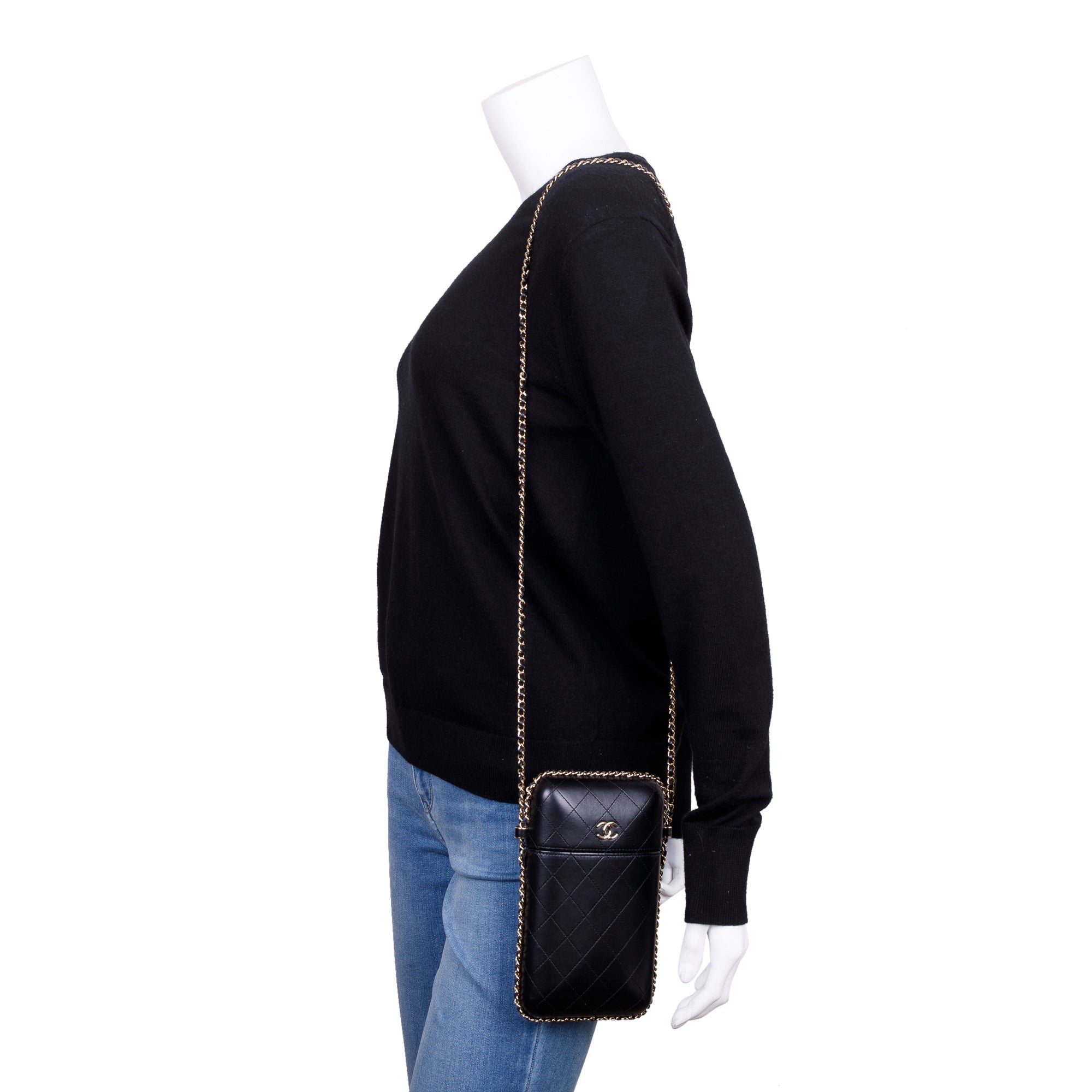 Chanel Black Quilted Calfskin Leather Chain Around Box Phone Holder Crossbody