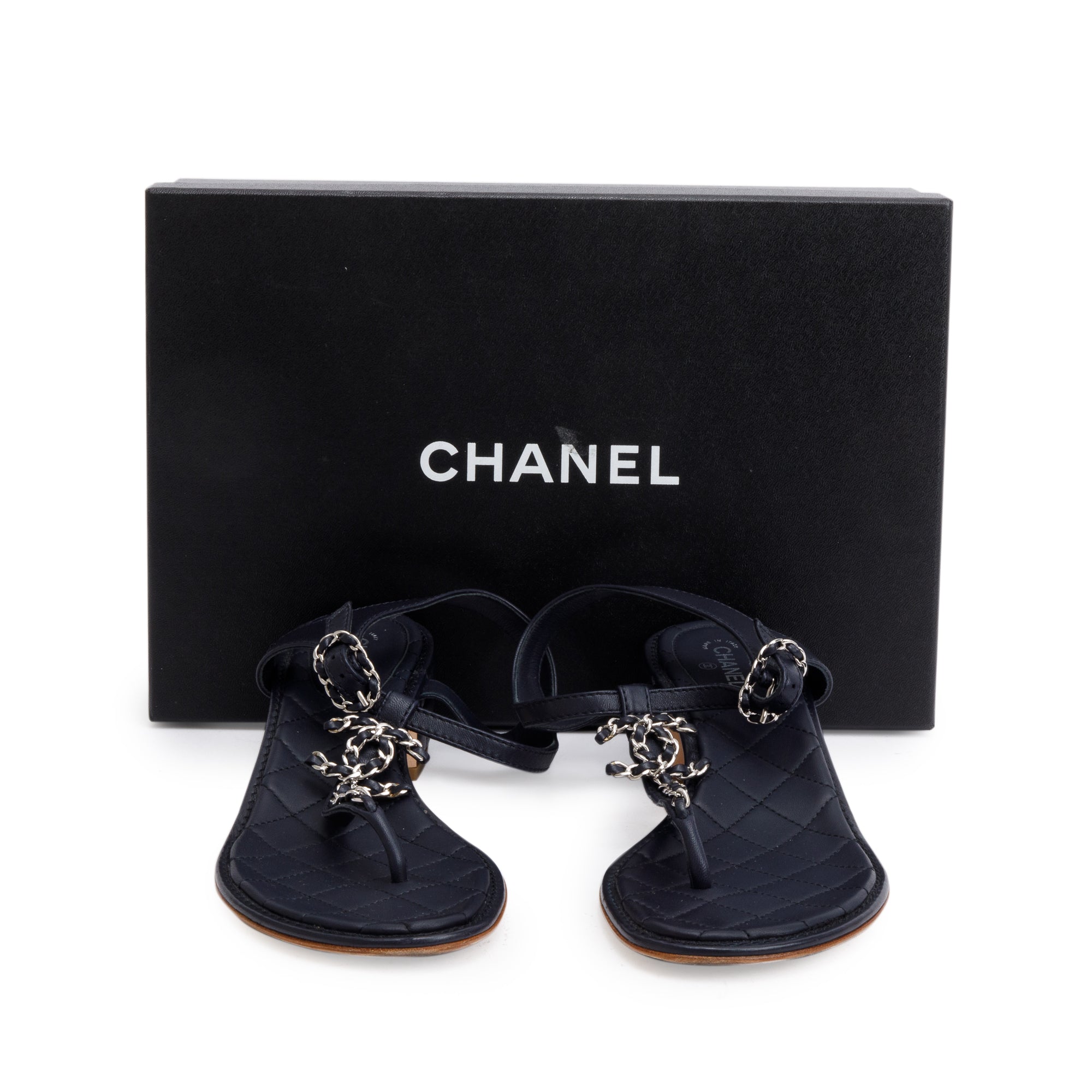 Chanel Black Quilted Calfskin Leather Chain CC T-Strap Sandals, Size 40 w/ Box