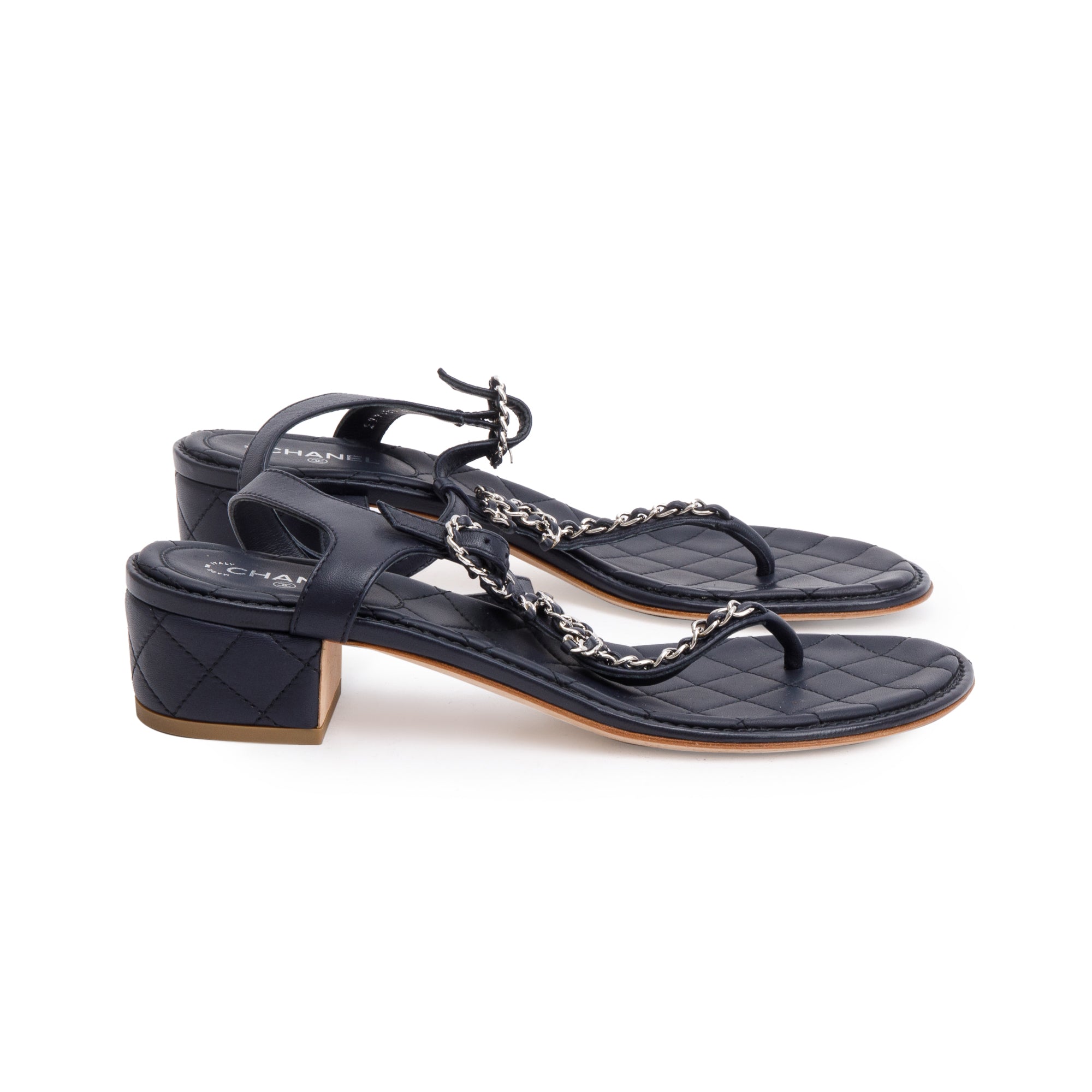 Chanel Black Quilted Calfskin Leather Chain CC T-Strap Sandals, Size 40 w/ Box