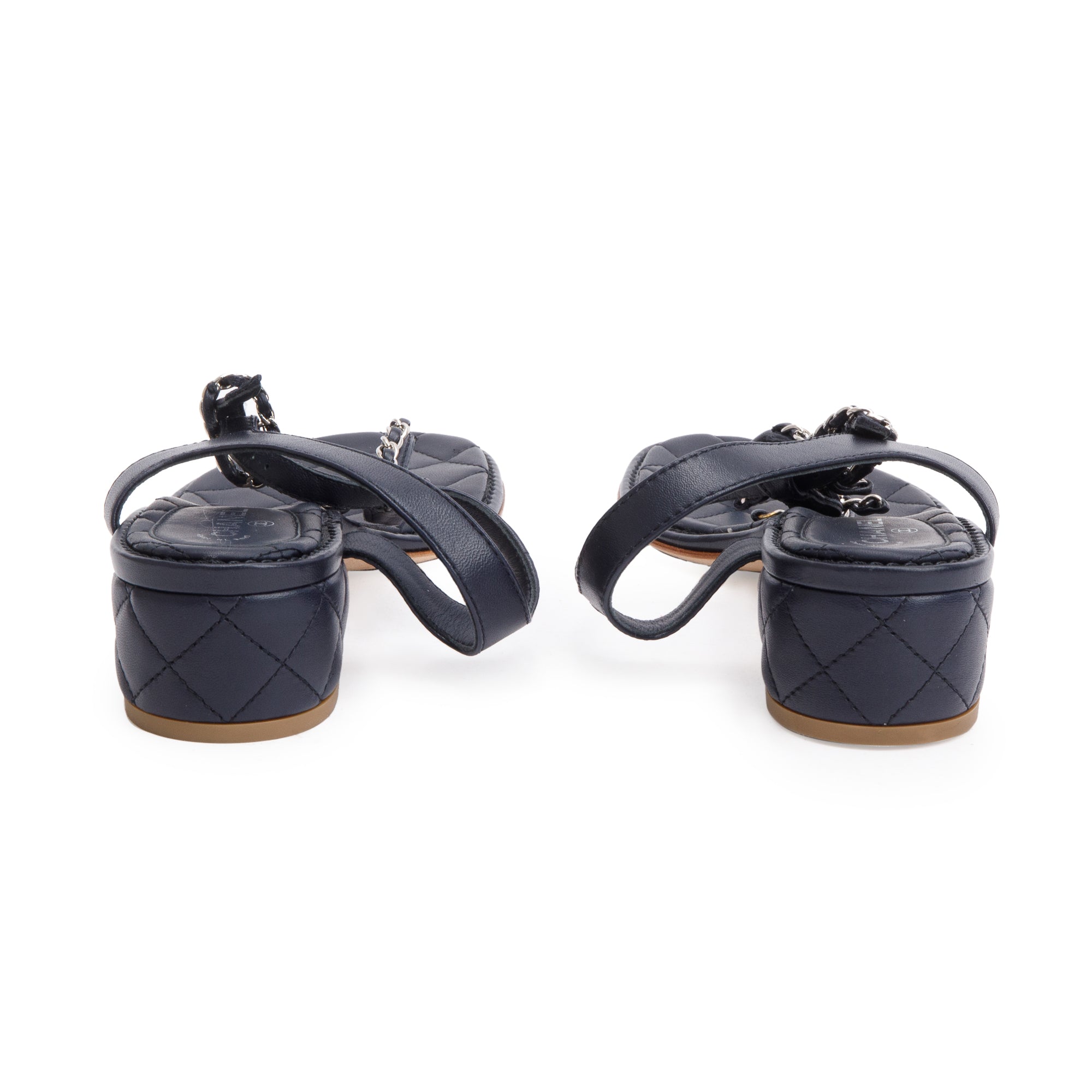 Chanel Black Quilted Calfskin Leather Chain CC T-Strap Sandals, Size 40 w/ Box