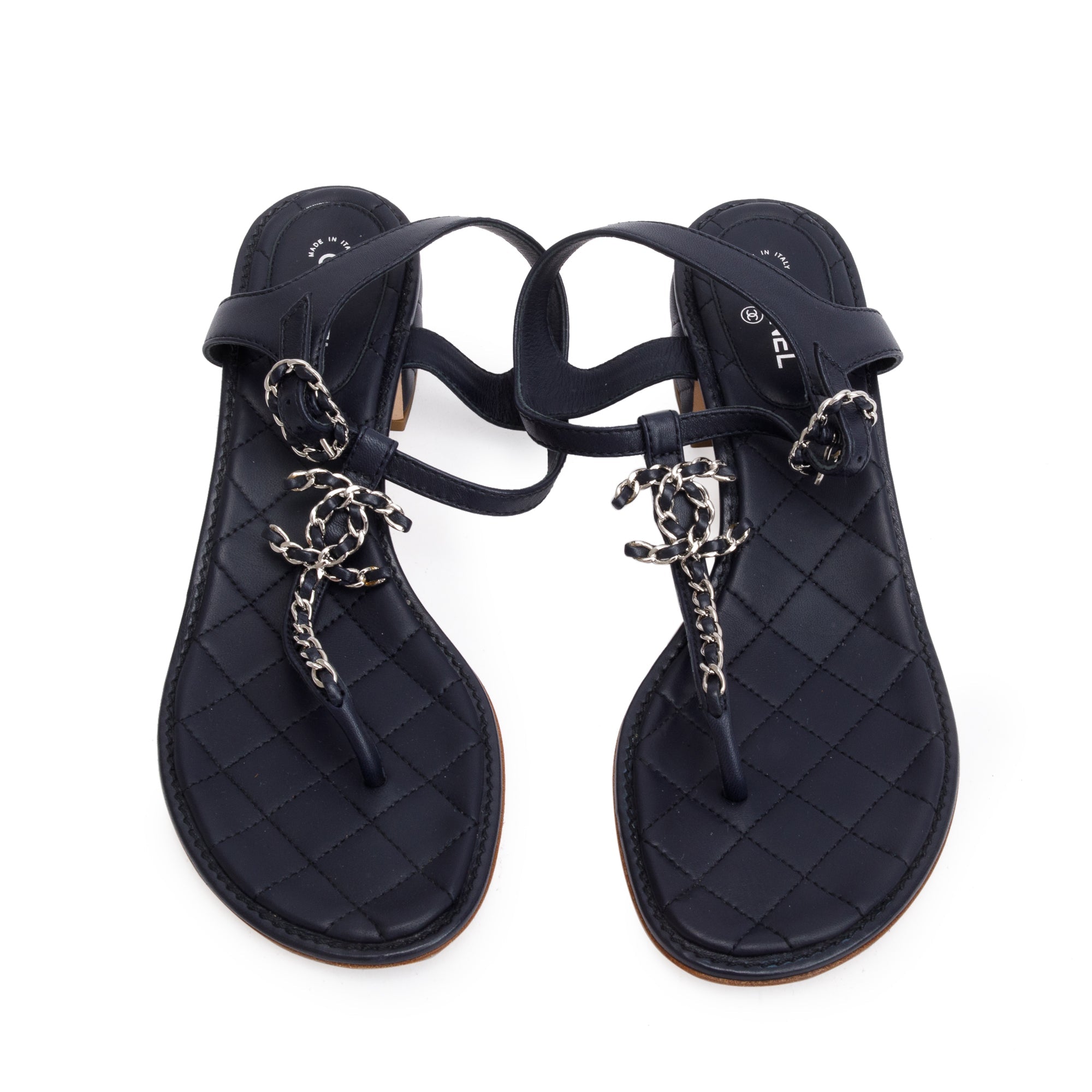 Chanel Black Quilted Calfskin Leather Chain CC T-Strap Sandals, Size 40 w/ Box