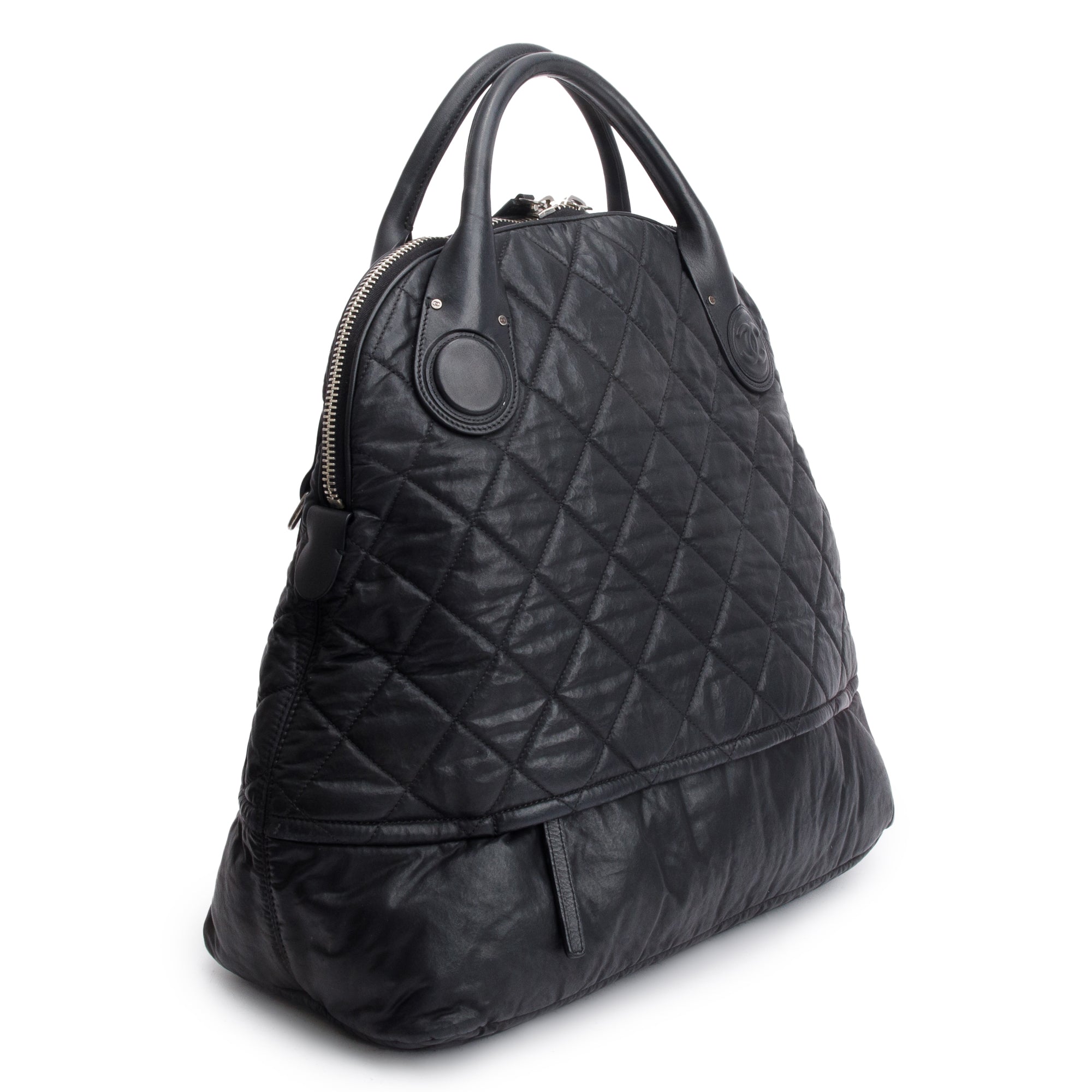 Chanel Black Quilted Calfskin Leather Expandable Travel Bag w/ Strap