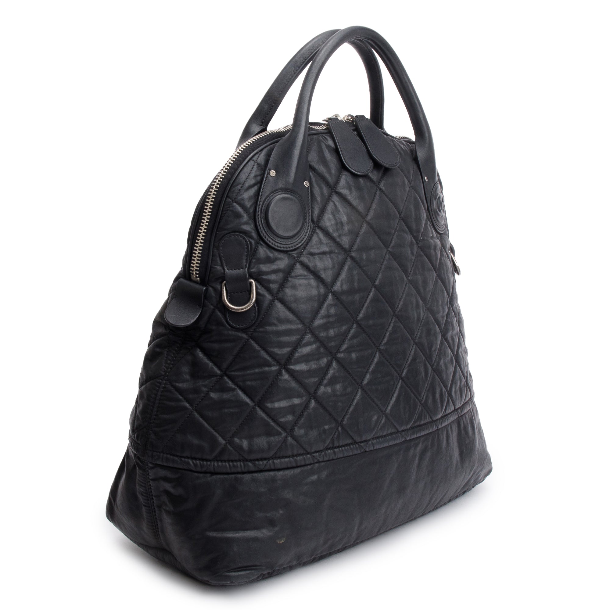 Chanel Black Quilted Calfskin Leather Expandable Travel Bag w/ Strap