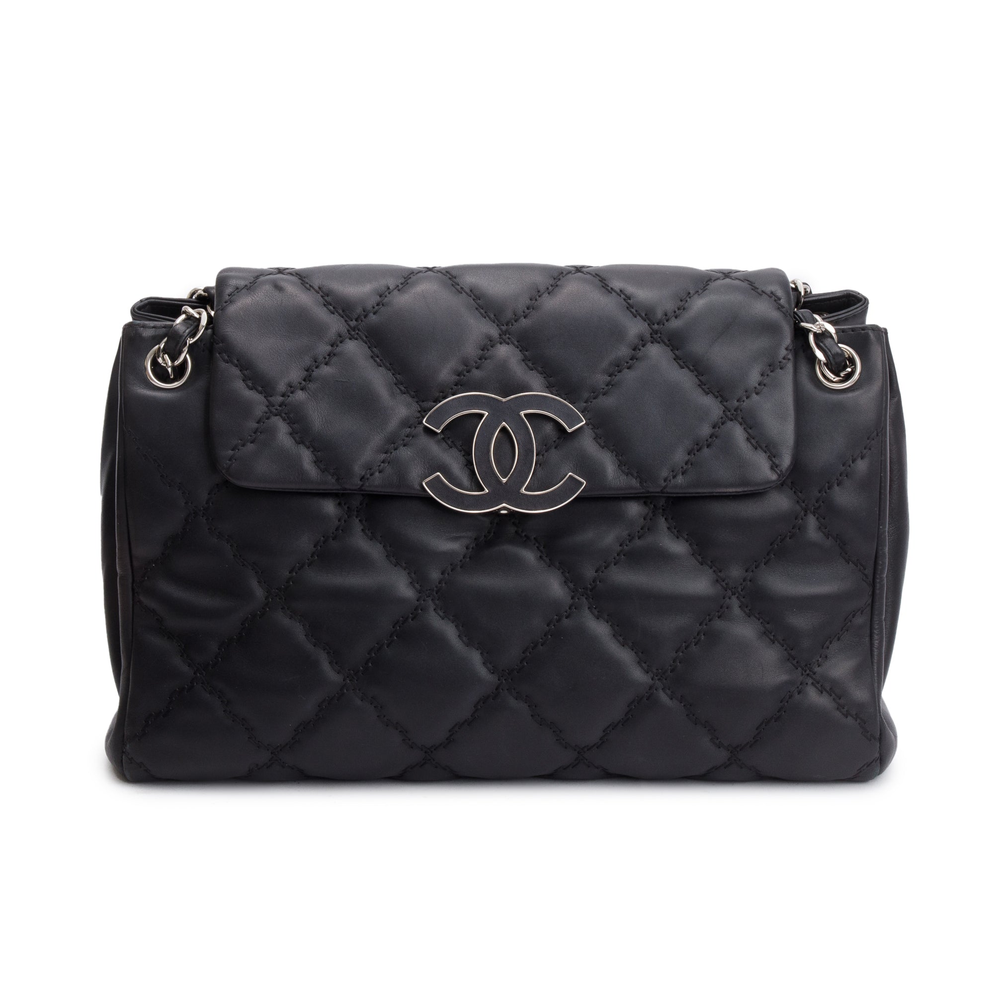 Chanel Black Quilted Calfskin Leather Large Double Stitch Hamptons Flap Bag